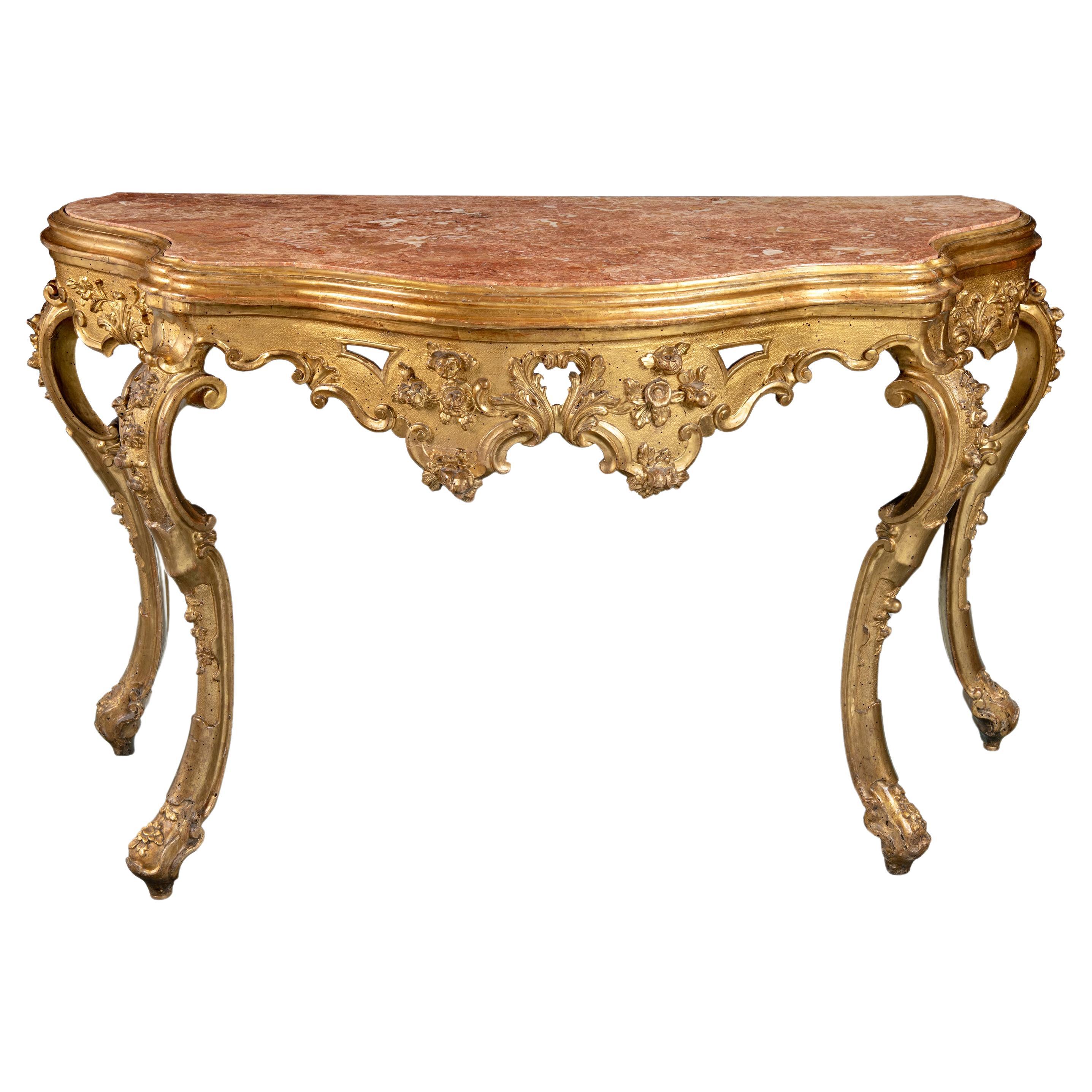 Italian, venetian XVIII century console table in gilded wood For Sale