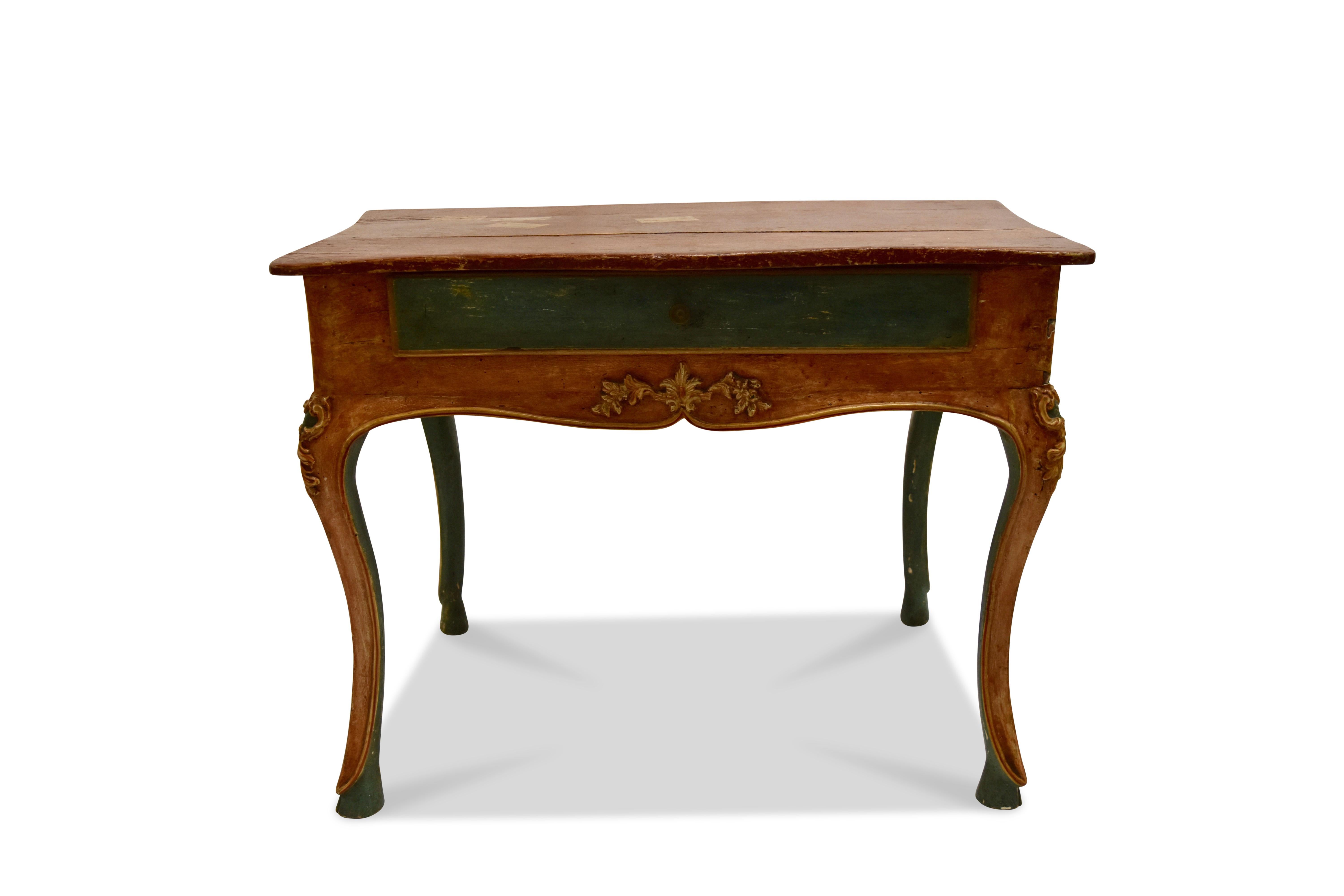Italian Venetian single drawer console table with trompe l'oeil detail over cabriole leg