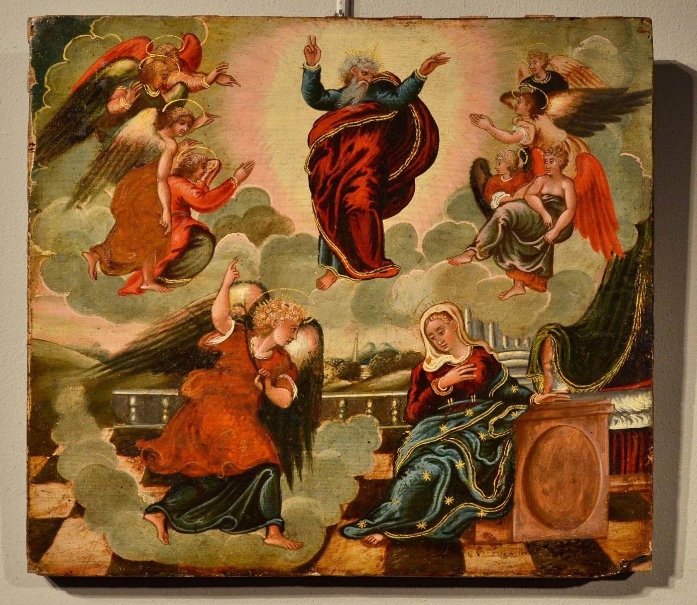 Venetian Old master Paint Tempera on table Italy 16/17th Century Annunciation  - Painting by Venetian-Cretan Master, late 16th - early 17th century