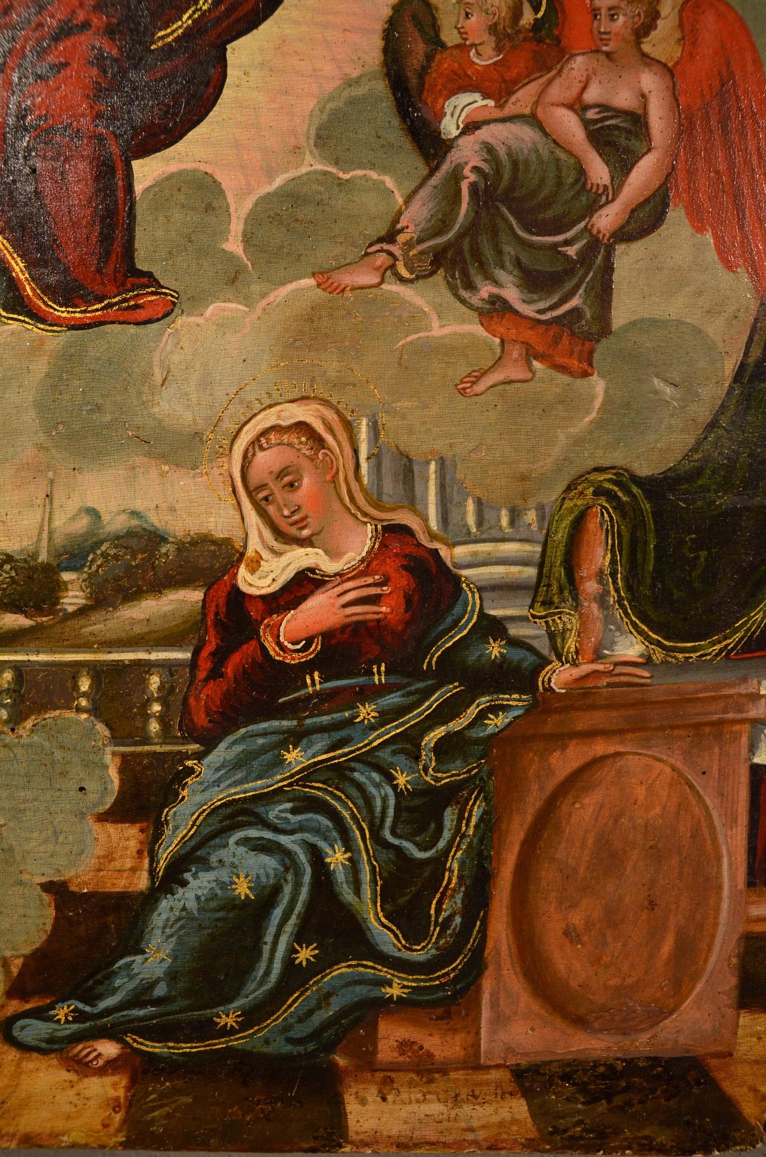 Venetian Old master Paint Tempera on table Italy 16/17th Century Annunciation  - Old Masters Painting by Venetian-Cretan Master, late 16th - early 17th century