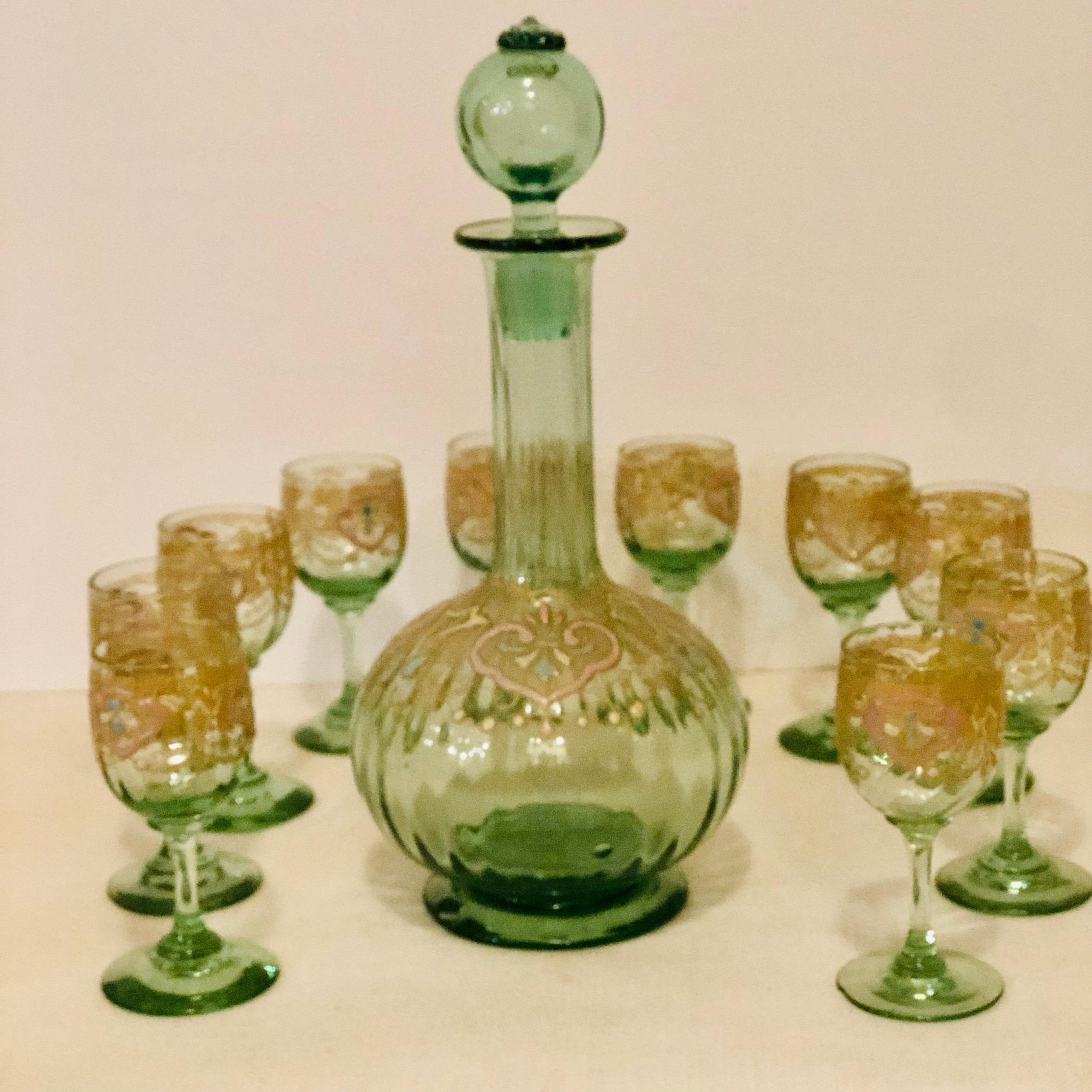 Early 20th Century Venetian Decanter With Ten Venetian Cordial Glasses With Colorful Enamel Accents