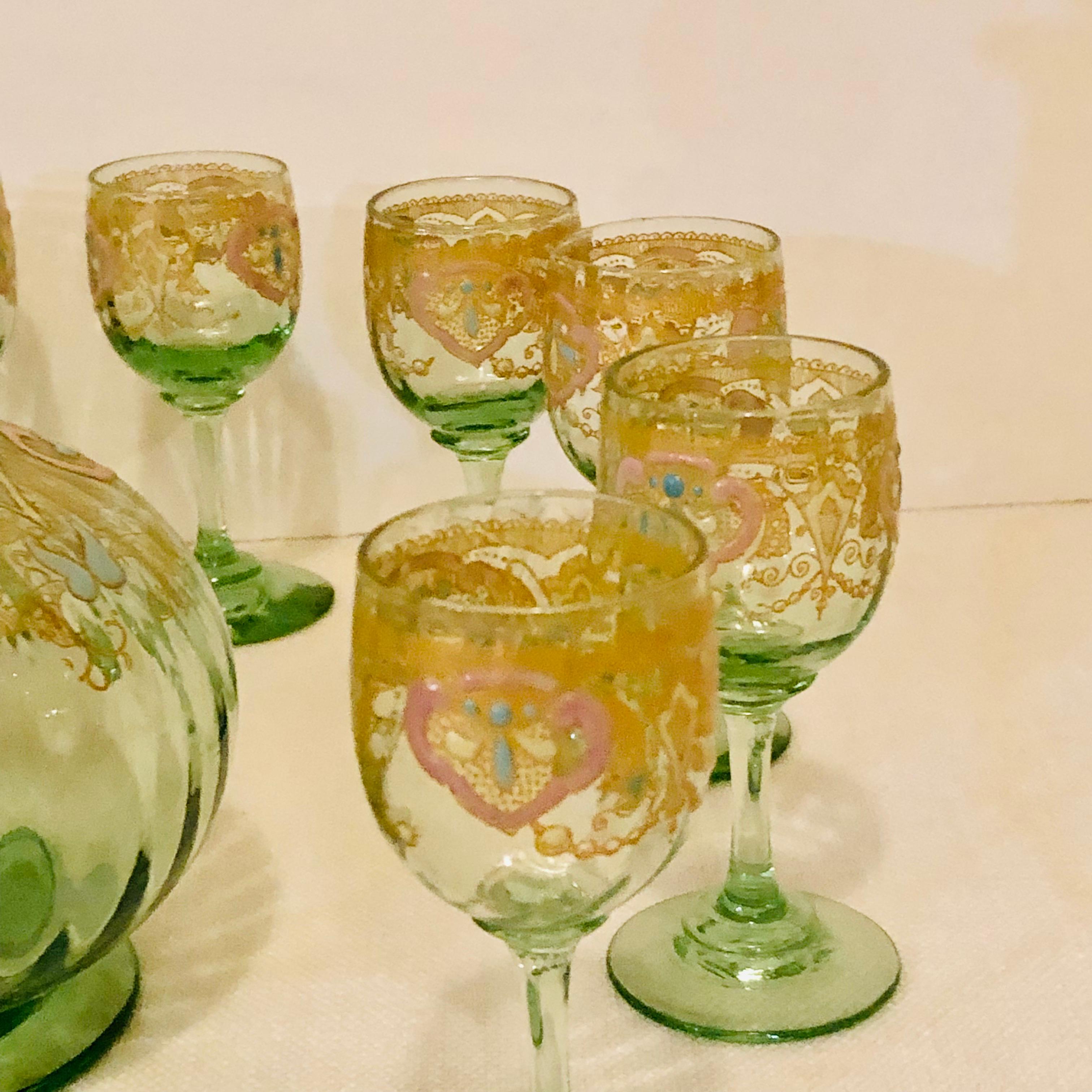 Blown Glass Venetian Decanter With Ten Venetian Cordial Glasses With Colorful Enamel Accents