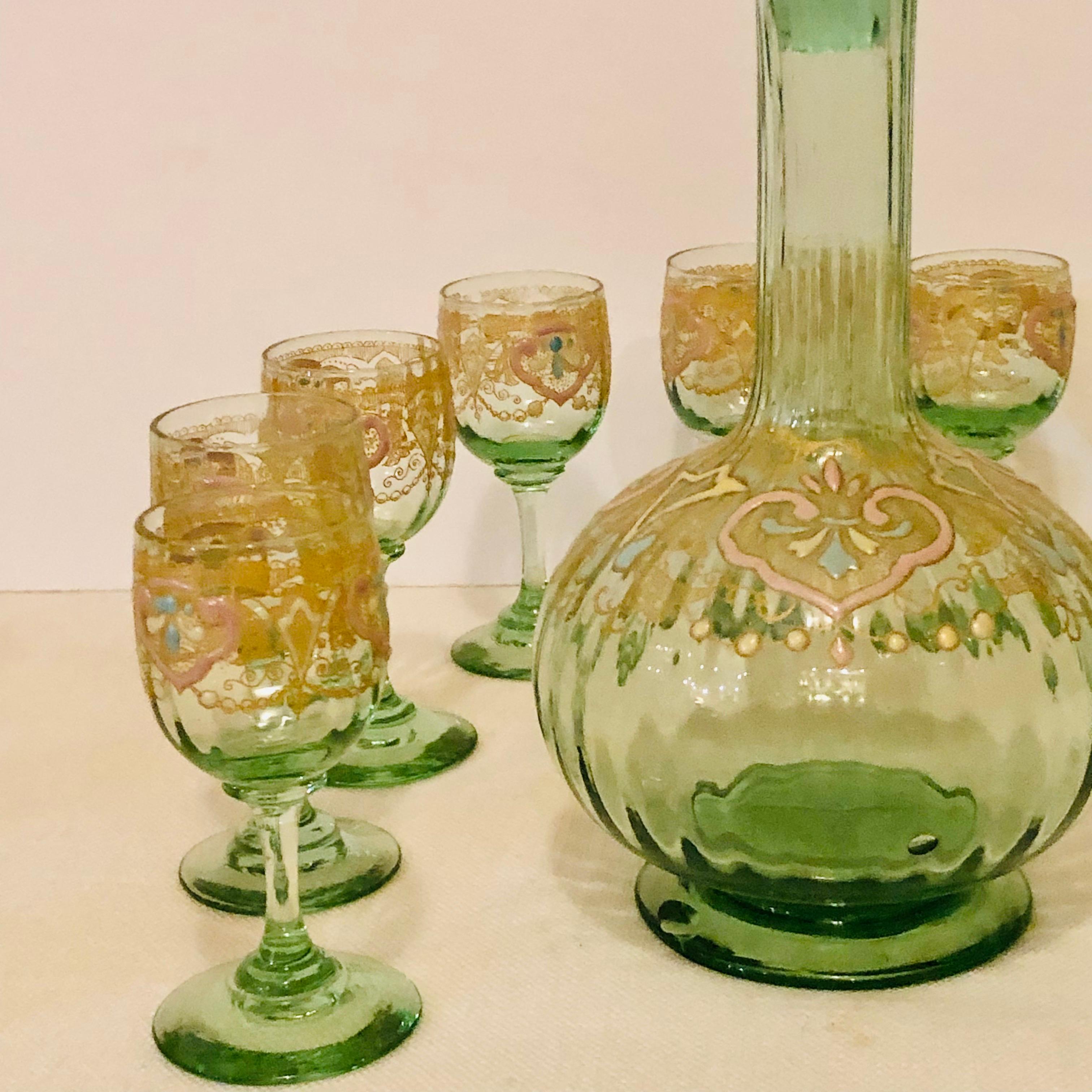 Venetian Decanter With Ten Venetian Cordial Glasses With Colorful Enamel Accents 2