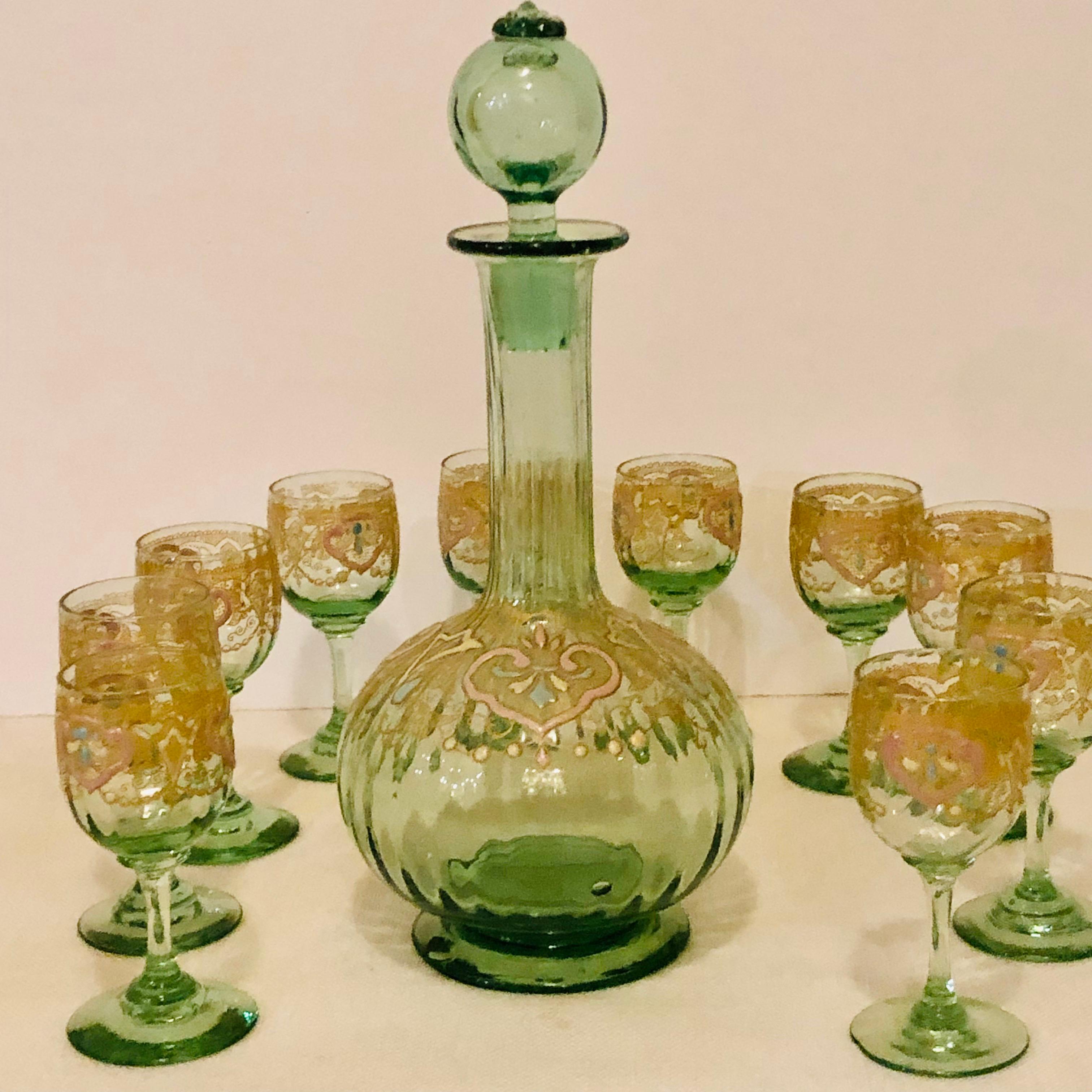 Venetian Decanter With Ten Venetian Cordial Glasses With Colorful Enamel Accents 3