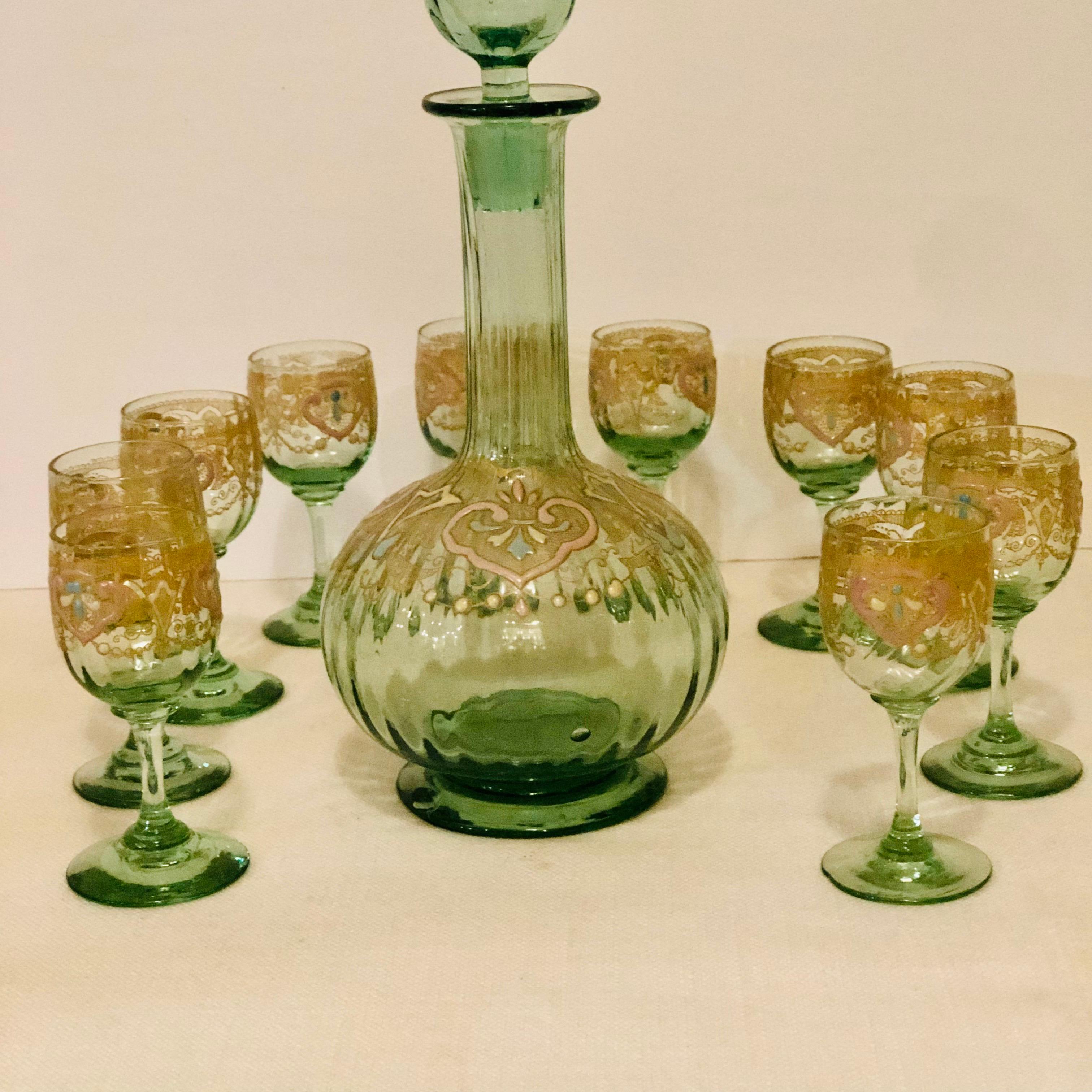 Venetian Decanter With Ten Venetian Cordial Glasses With Colorful Enamel Accents 4