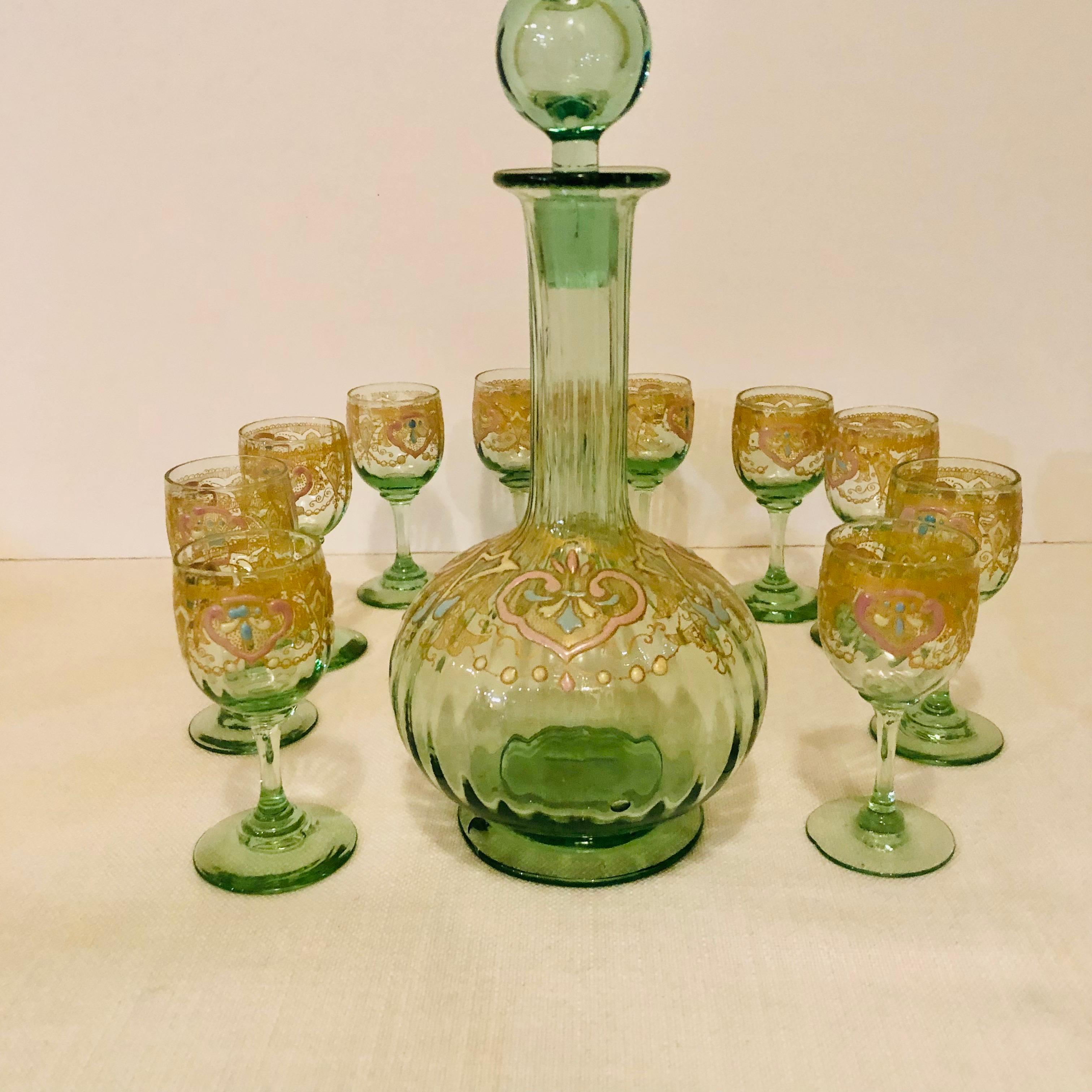 Venetian Decanter With Ten Venetian Cordial Glasses With Colorful Enamel Accents 6