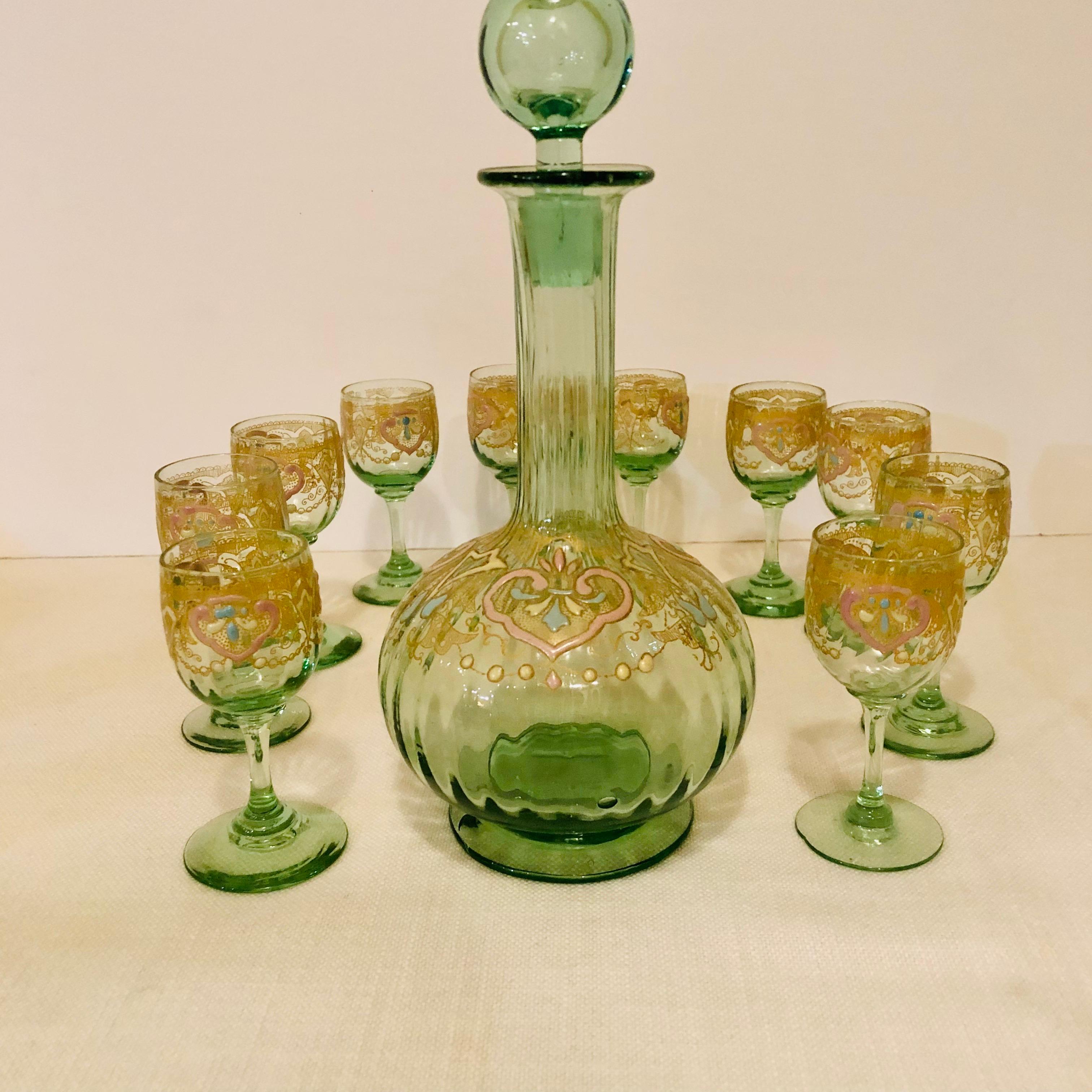 Venetian Decanter With Ten Venetian Cordial Glasses With Colorful Enamel Accents 7