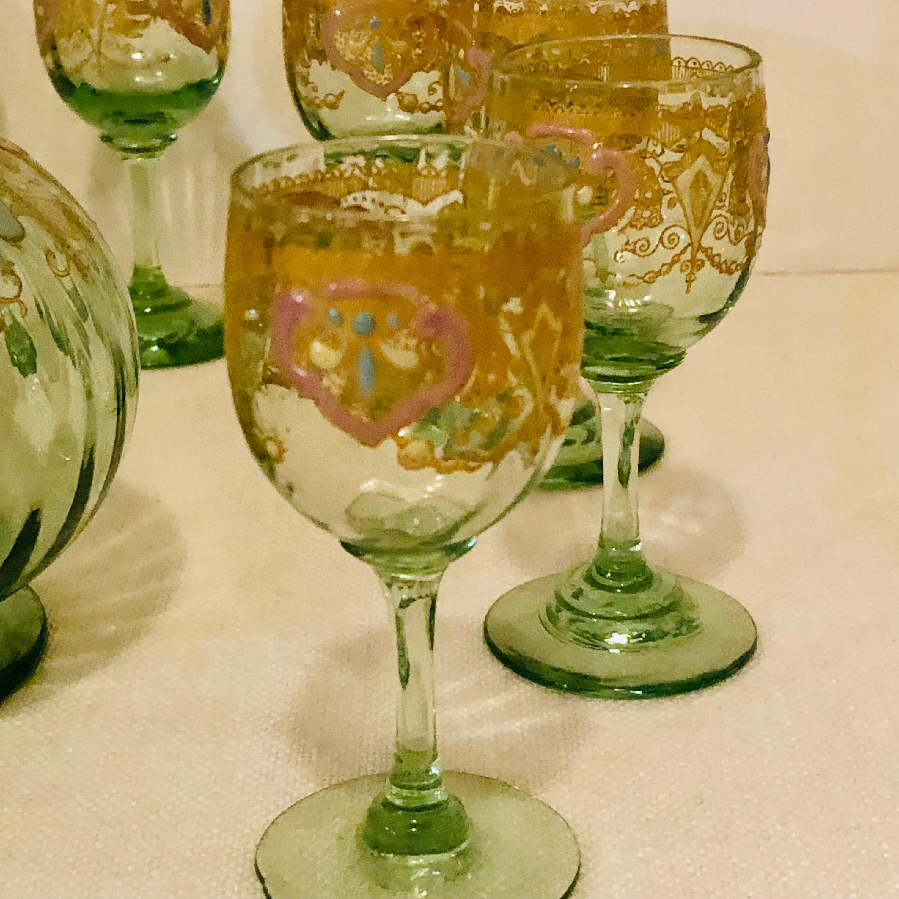 Other Venetian Decanter With Ten Venetian Cordial Glasses With Colorful Enamel Accents