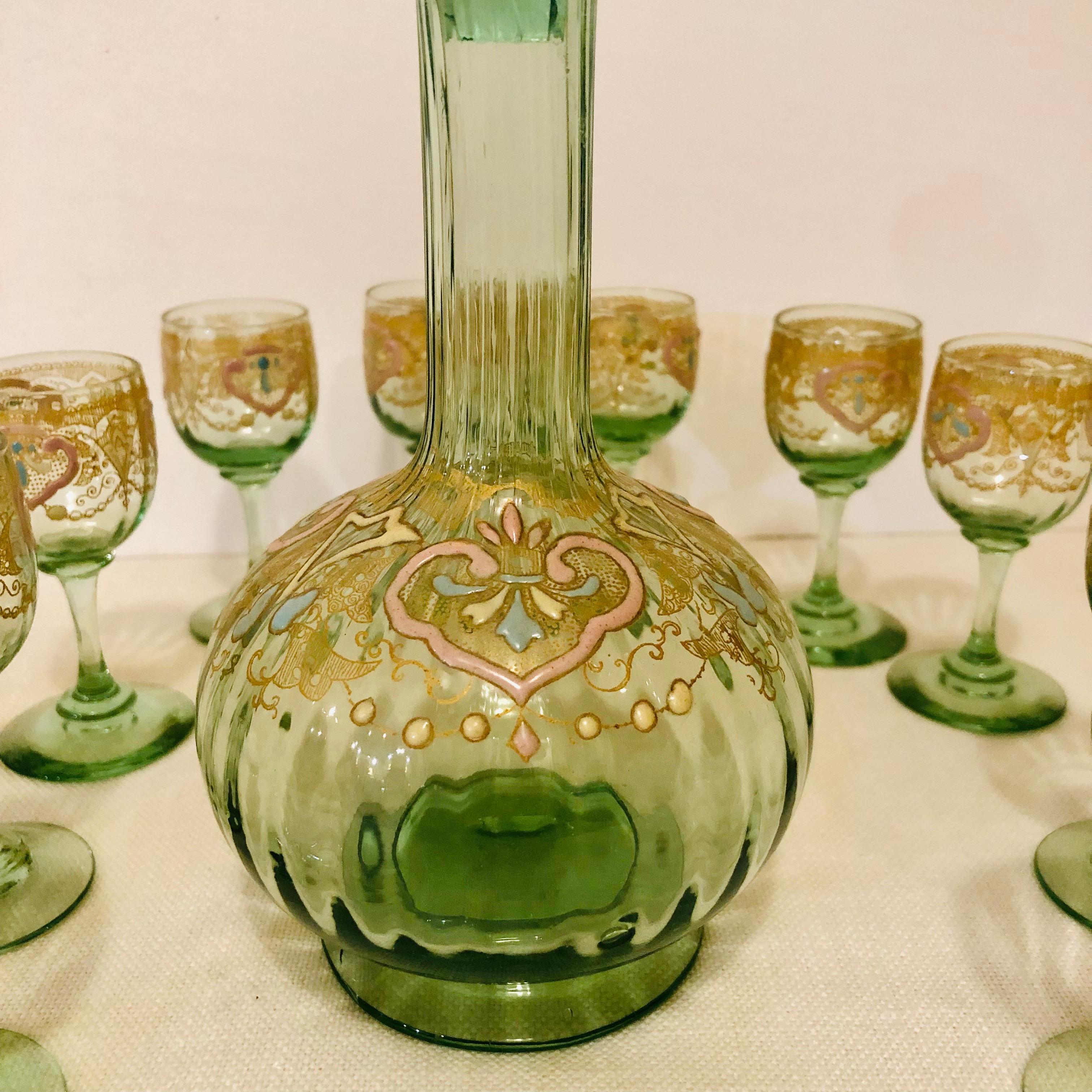 Italian Venetian Decanter With Ten Venetian Cordial Glasses With Colorful Enamel Accents
