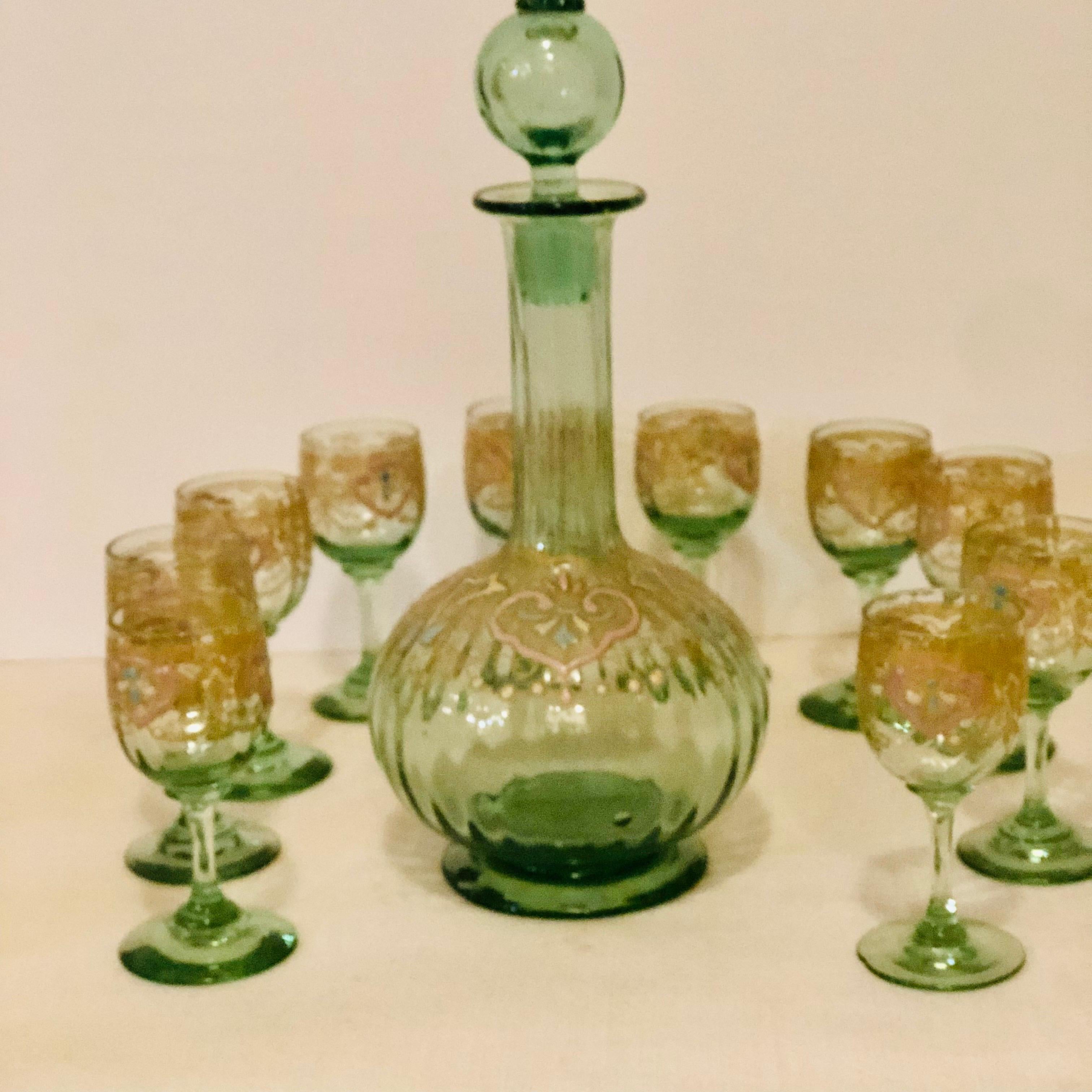 Venetian Decanter With Ten Venetian Cordial Glasses With Colorful Enamel Accents In Good Condition In Boston, MA