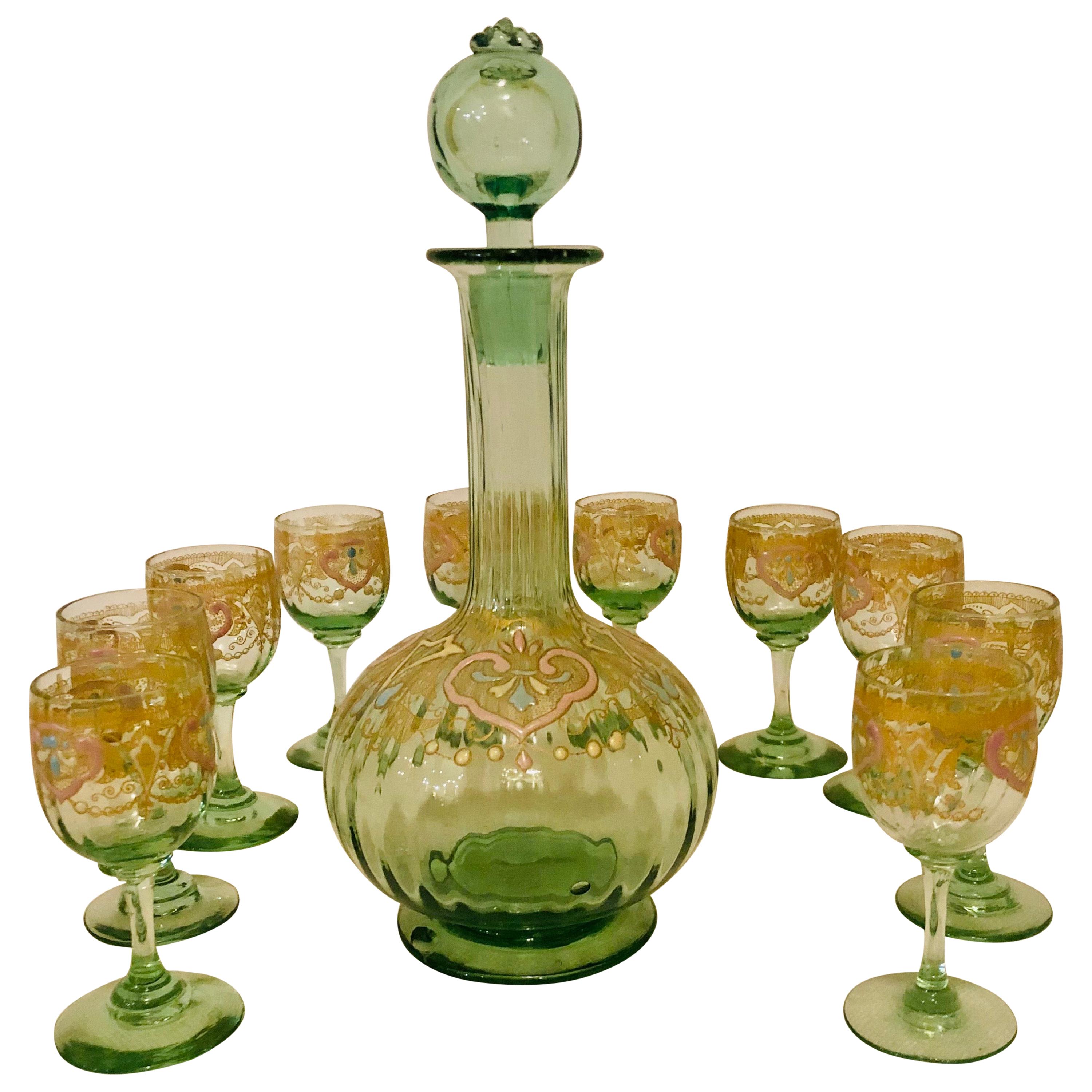 Venetian Decanter With Ten Venetian Cordial Glasses With Colorful Enamel Accents