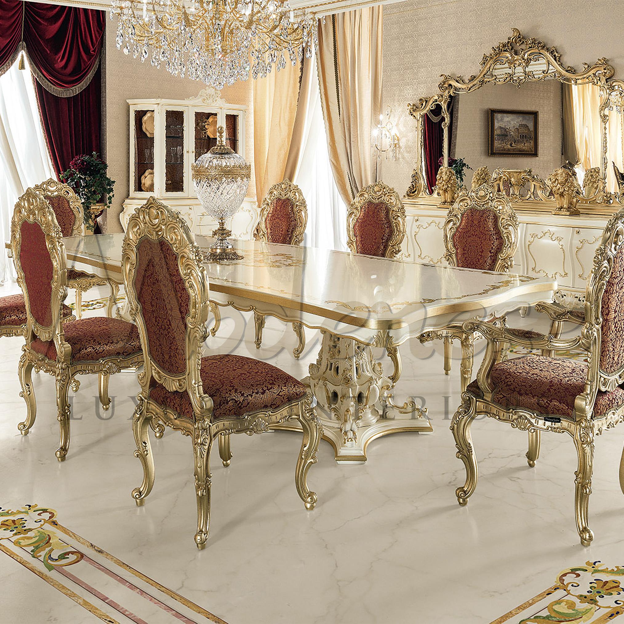 This majestic table set designed for those with a luxurious setting. Glamorous Venetian style dining table made of a solid wood in ivory white, decorated with golden motif all around the rimming and the table's top. The excitement continue down the