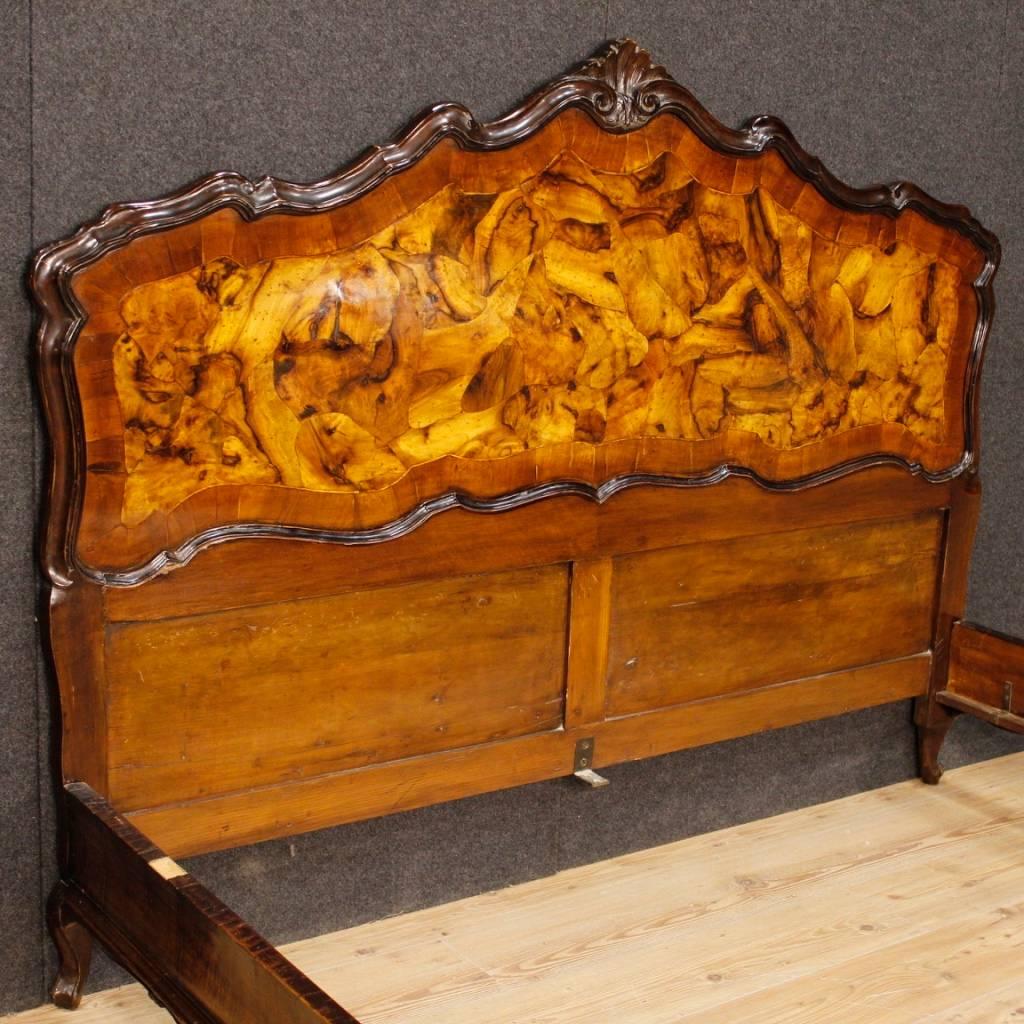 Italian Venetian Double Bed in Walnut and Burl Wood in Louis XV Style, 20th Century