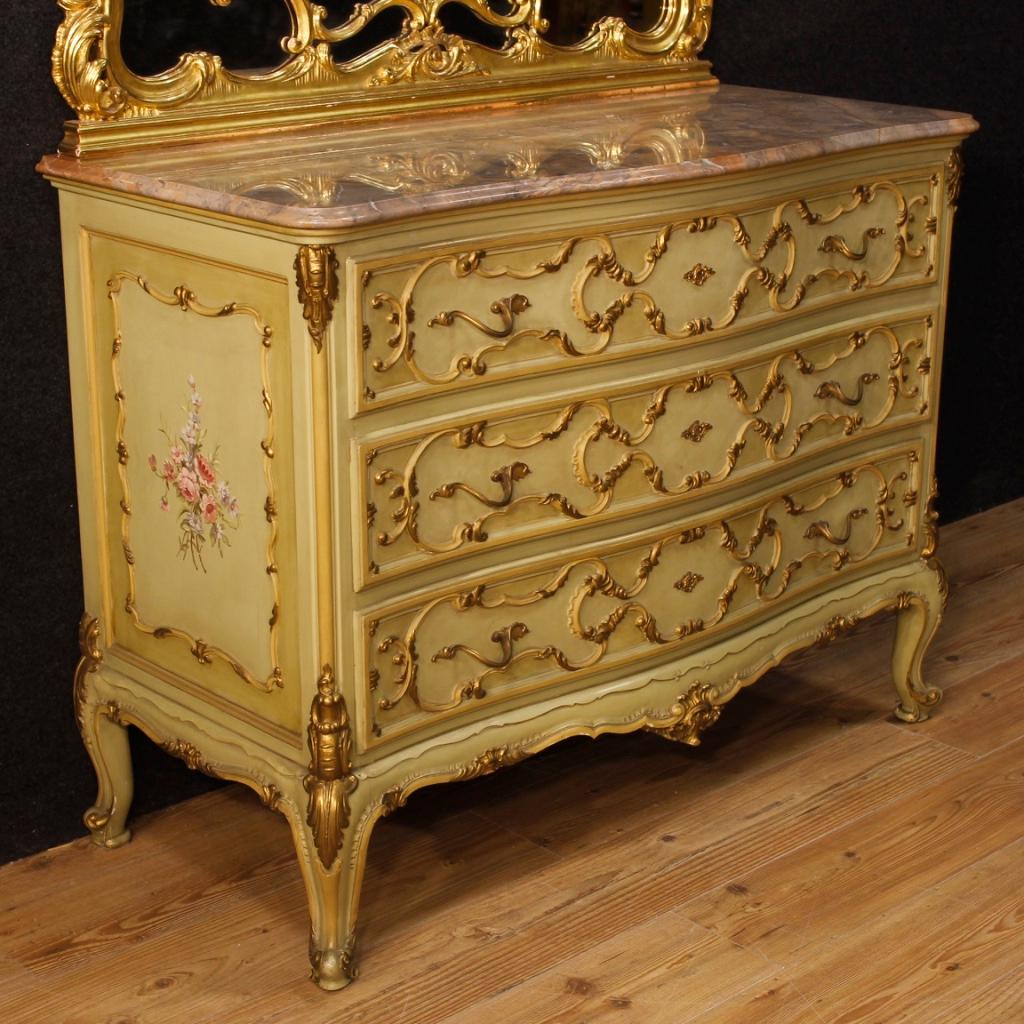 Italian Venetian Dresser with Mirror in Lacquered, Gilt, Painted Wood from 20th Century