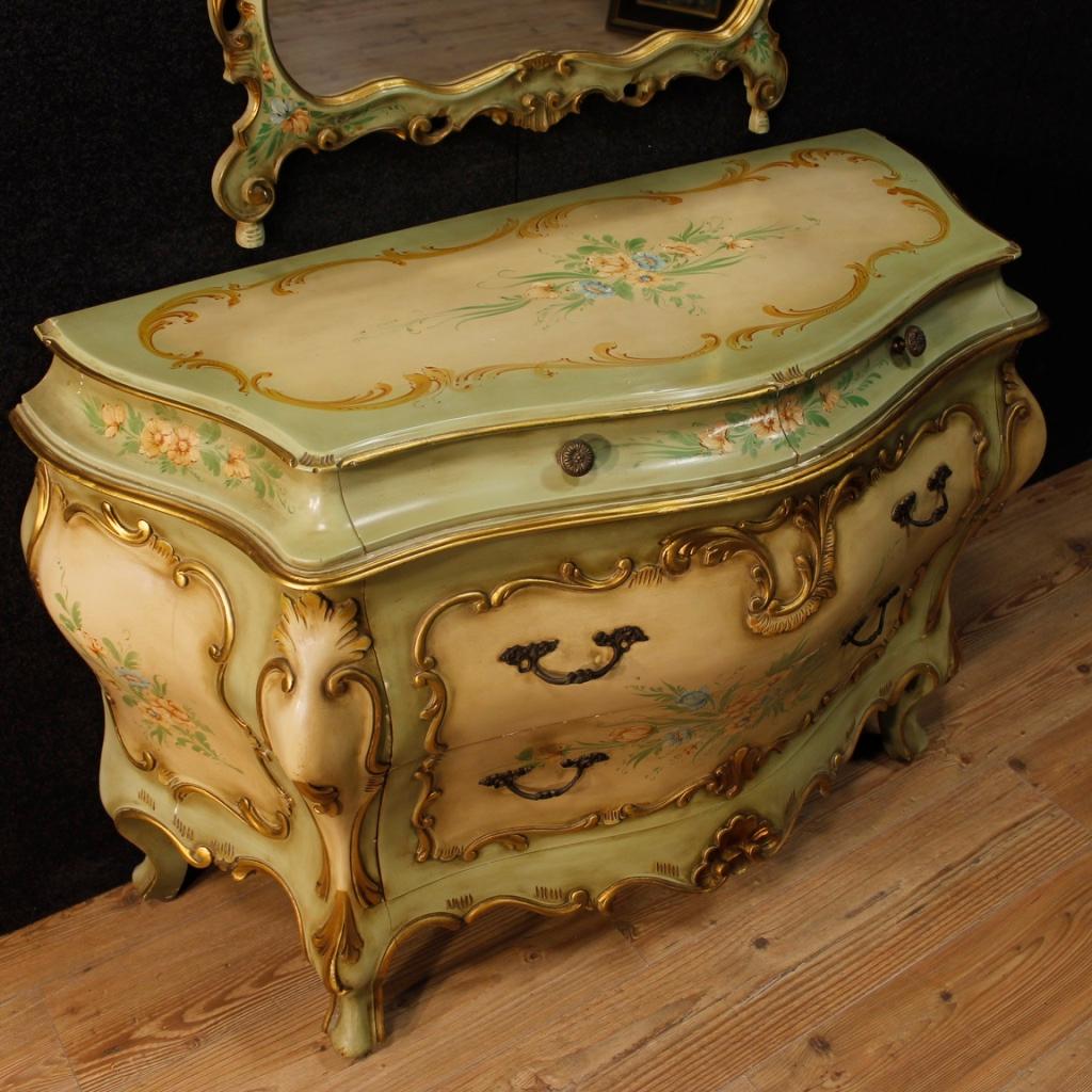 Venetian Dresser with Mirror in Lacquered, Gilt, Painted Wood from 20th Century 1
