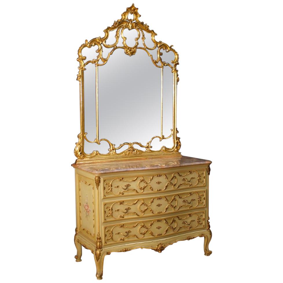 Venetian Dresser with Mirror in Lacquered, Gilt, Painted Wood from 20th Century