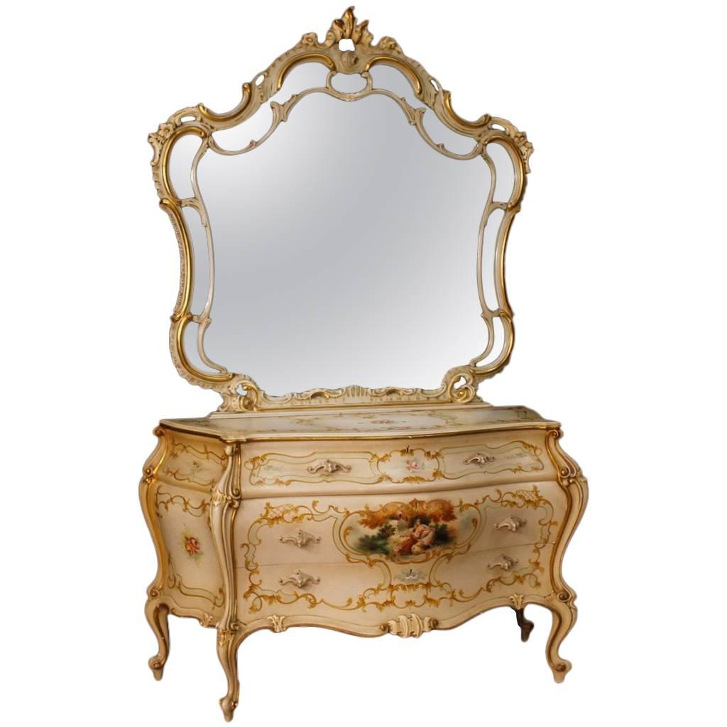 Venetian Dresser with Mirror in Lacquered, Painted, Giltwood from 20th Century