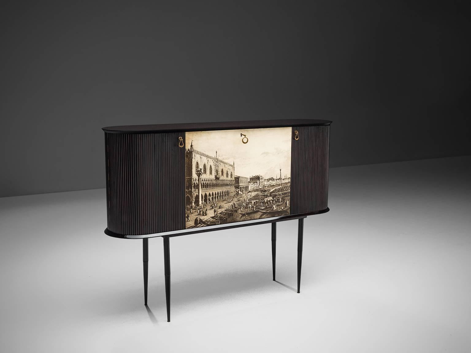 Mid-Century Modern Venetian Dry Bar Cabinet in Mahogany, circa 1940