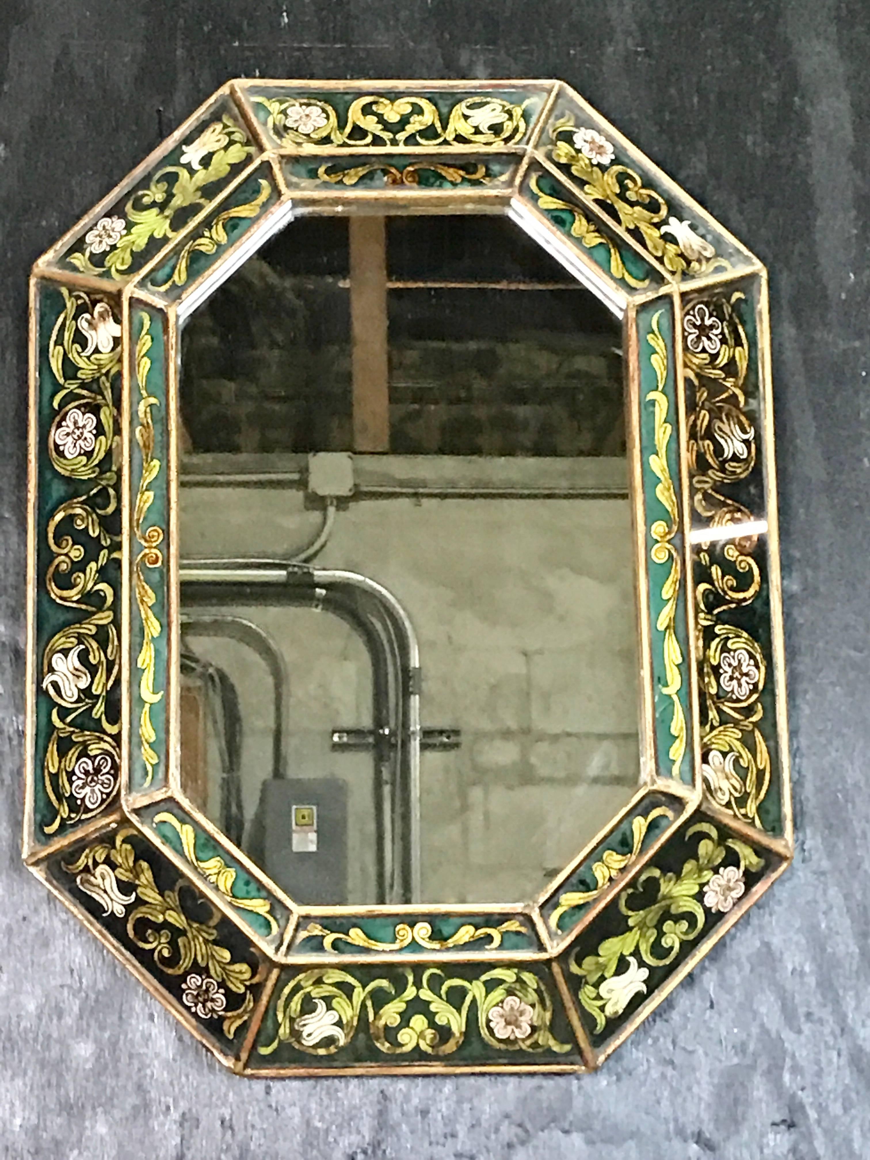 Venetian églomisé mirror, cushioned inset measure: 9.5
