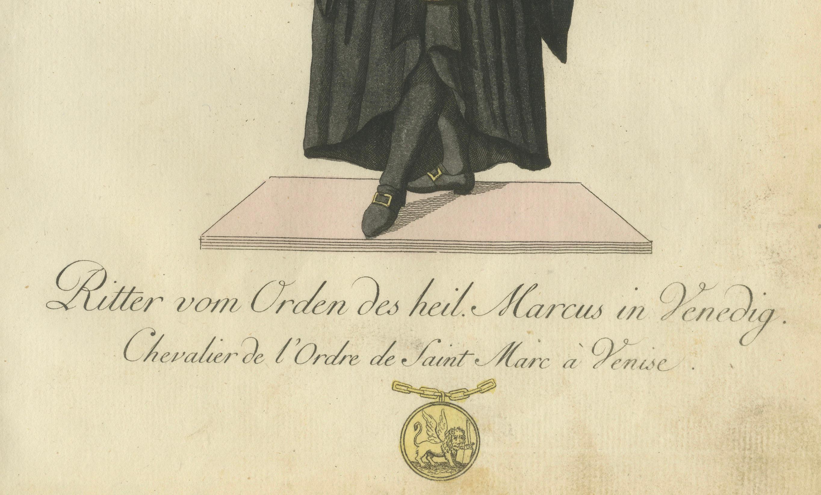 Titre : Chevalier de l'ordre de Saint-Marc à Venise, gravure à la main du XVIIIe siècle

Description :  
Cette exquise gravure coloriée à la main représente un chevalier de l'ordre de Saint-Marc à Venise, qui se distingue par son élégante robe noire