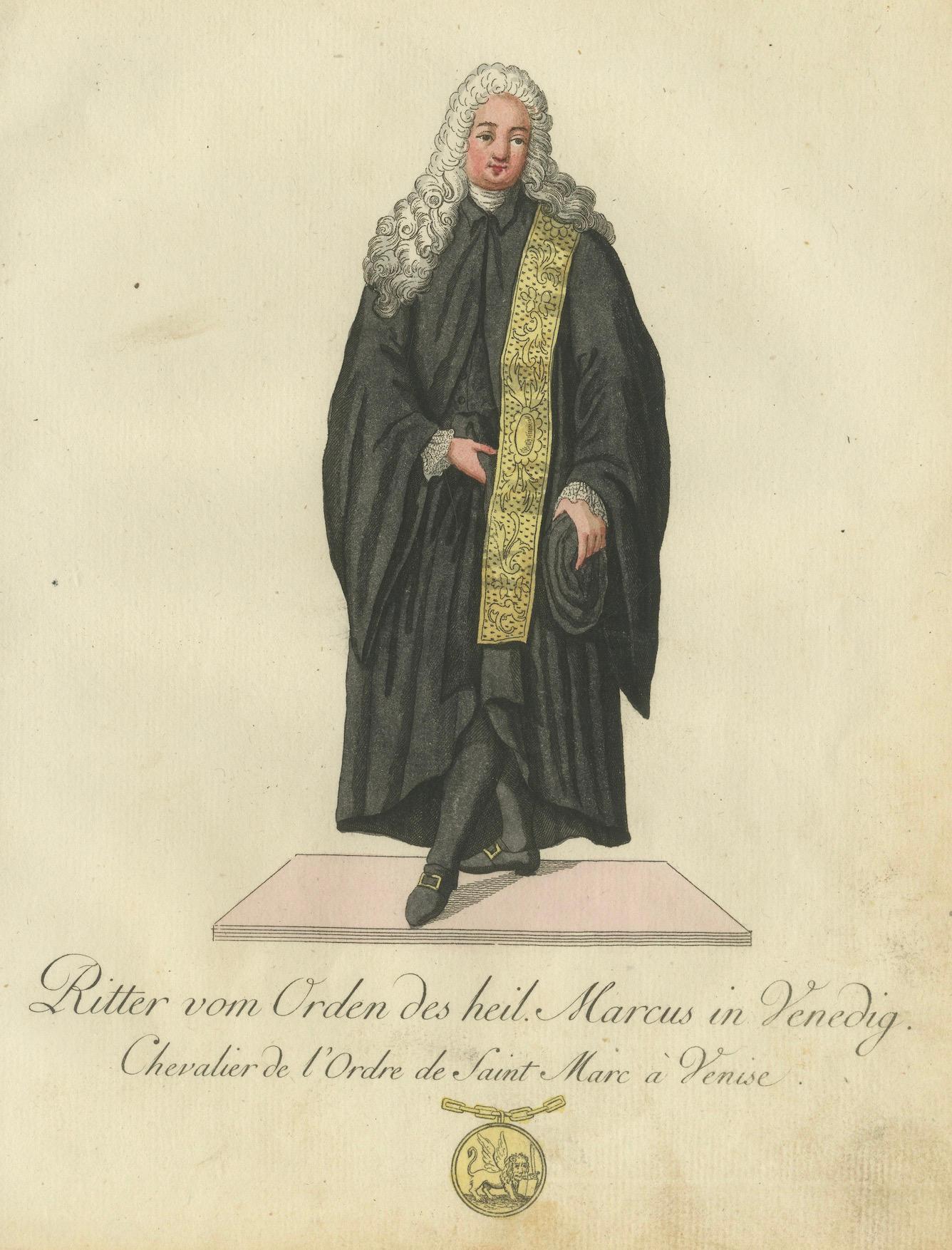 Elegance vénitienne : Chevalier de Saint-Marc dans une gravure à la main du XVIIIe siècle Bon état - En vente à Langweer, NL