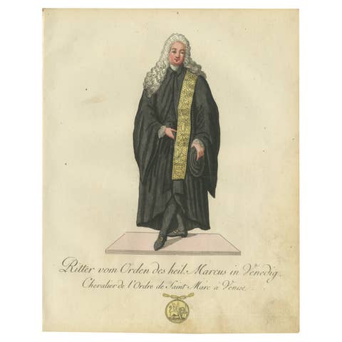 Venetian Elegance: Knight of St. Mark in 18th-Century Hand-Colored Engraving