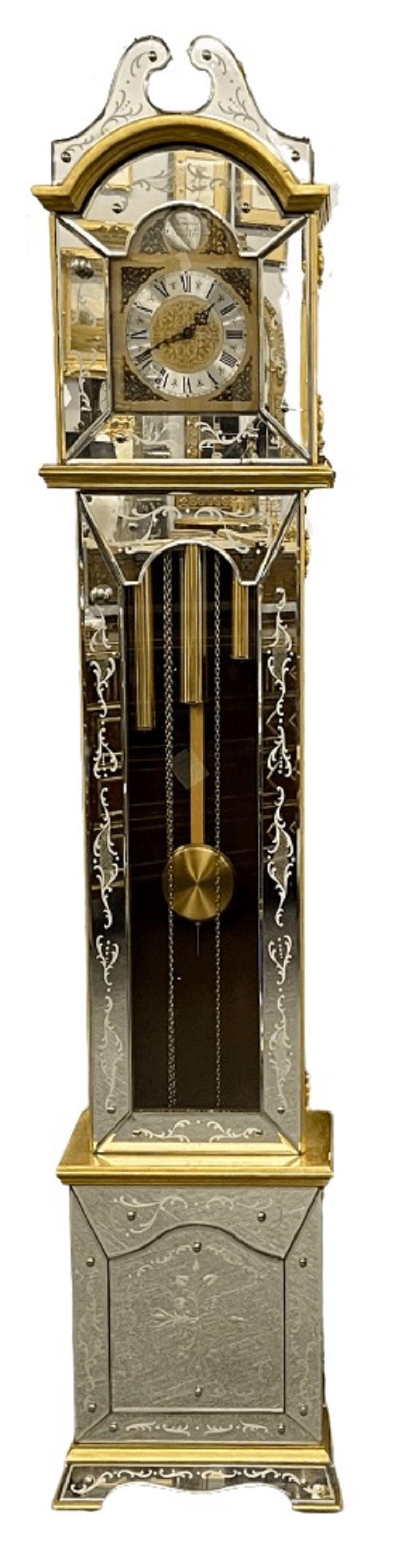 Venetian Etched Glass Tall Case Grandfather Clock, Giltwood, Tempus Fugit For Sale 8