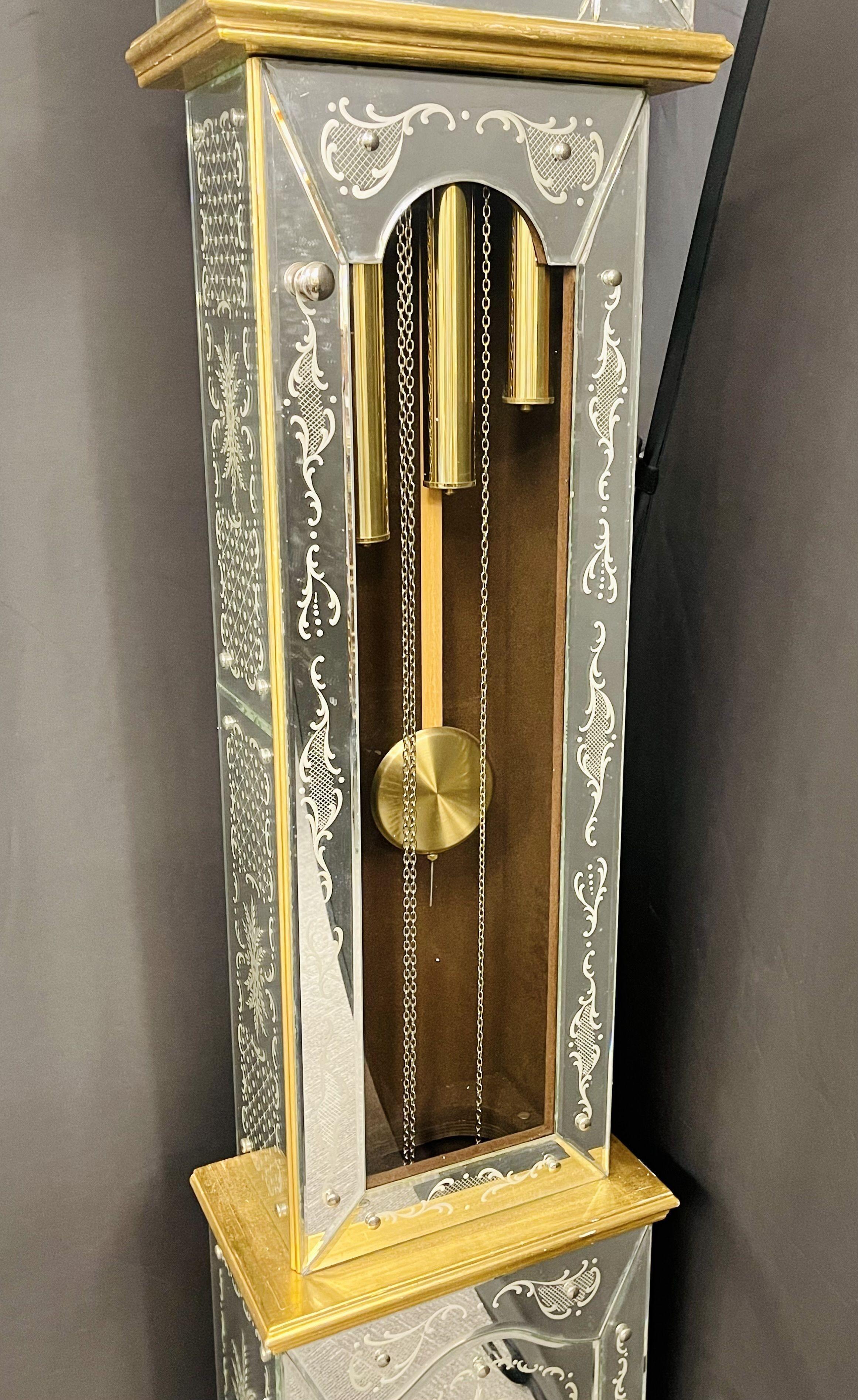 Venetian Etched Glass Tall Case Grandfather Clock, Giltwood, Tempus Fugit In Fair Condition For Sale In Stamford, CT