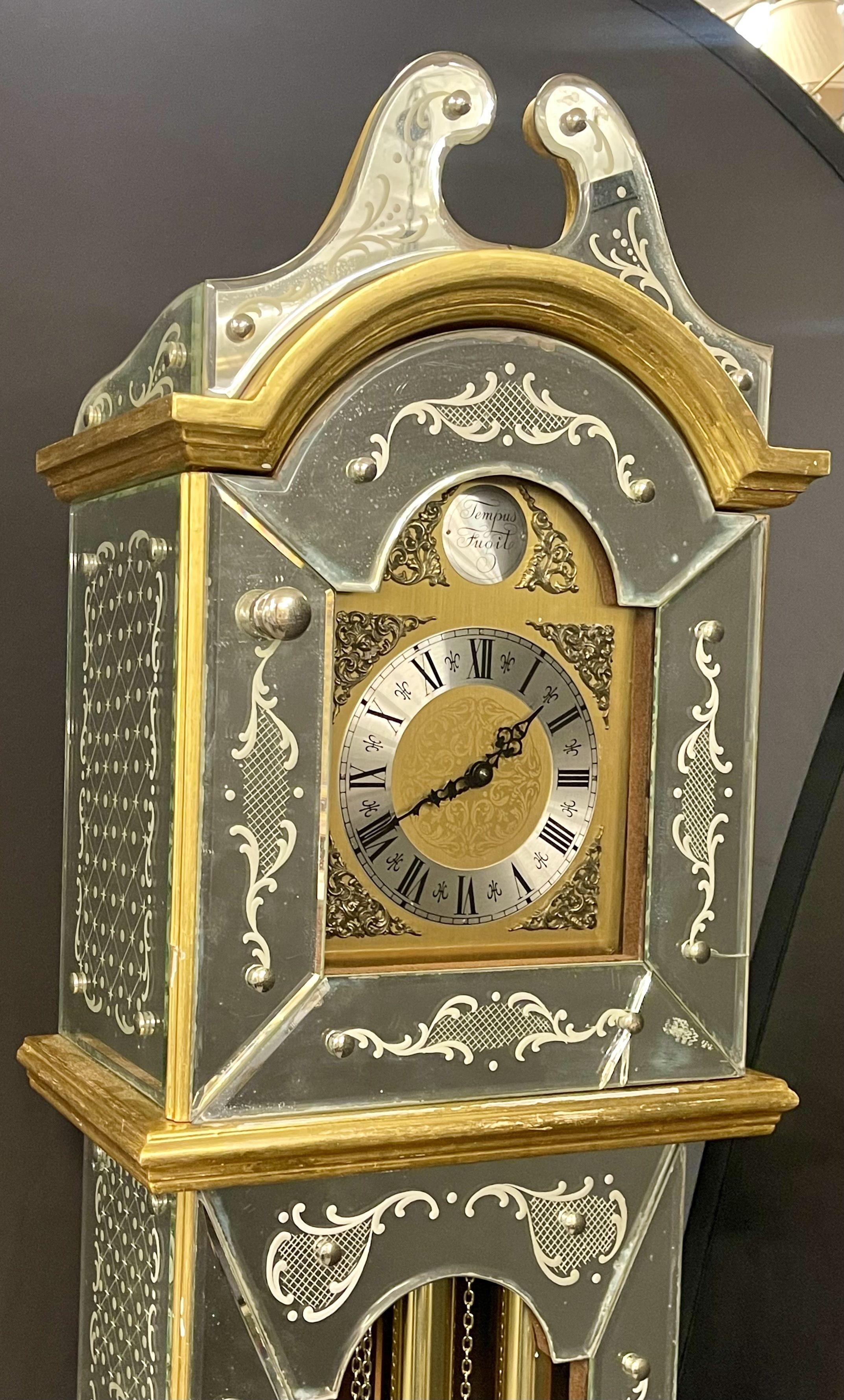 20th Century Venetian Etched Glass Tall Case Grandfather Clock, Giltwood, Tempus Fugit For Sale