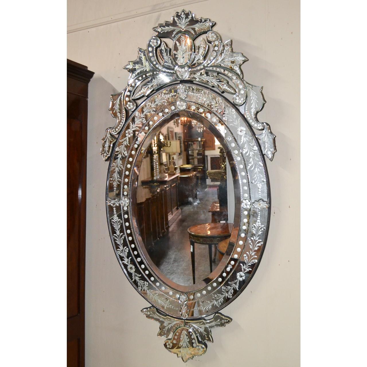 Italian Venetian Etched Glass Wall Mirror, circa 1940