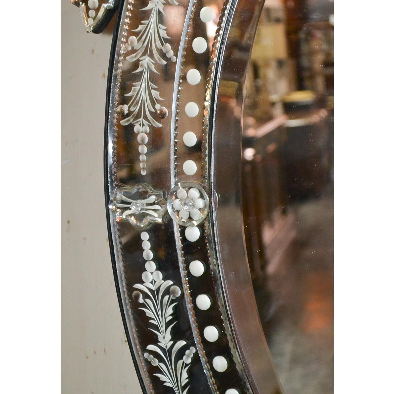 Beveled Venetian Etched Glass Wall Mirror, circa 1940