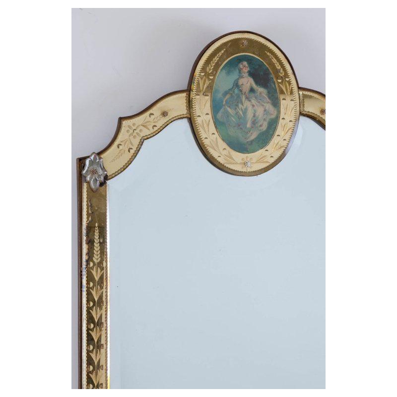 Unique Venetian etched gold and silver mirror.
The mirror is surmounted with an oval portrait of a noblewoman in traditional dress surrounded by a foliate etched border.
Mid-20th century.