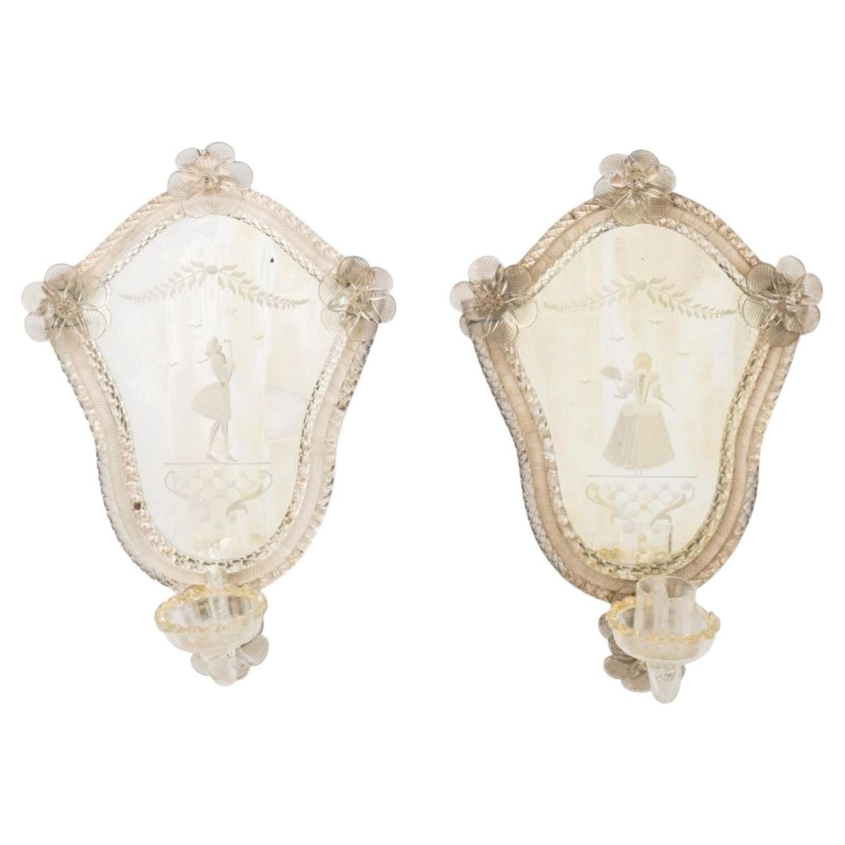 Pair of Venetian Etched Mirrored Glass Appliques, Pair, with Rosette Motif