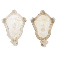 Venetian Etched Mirrored Glass Appliques, Pair