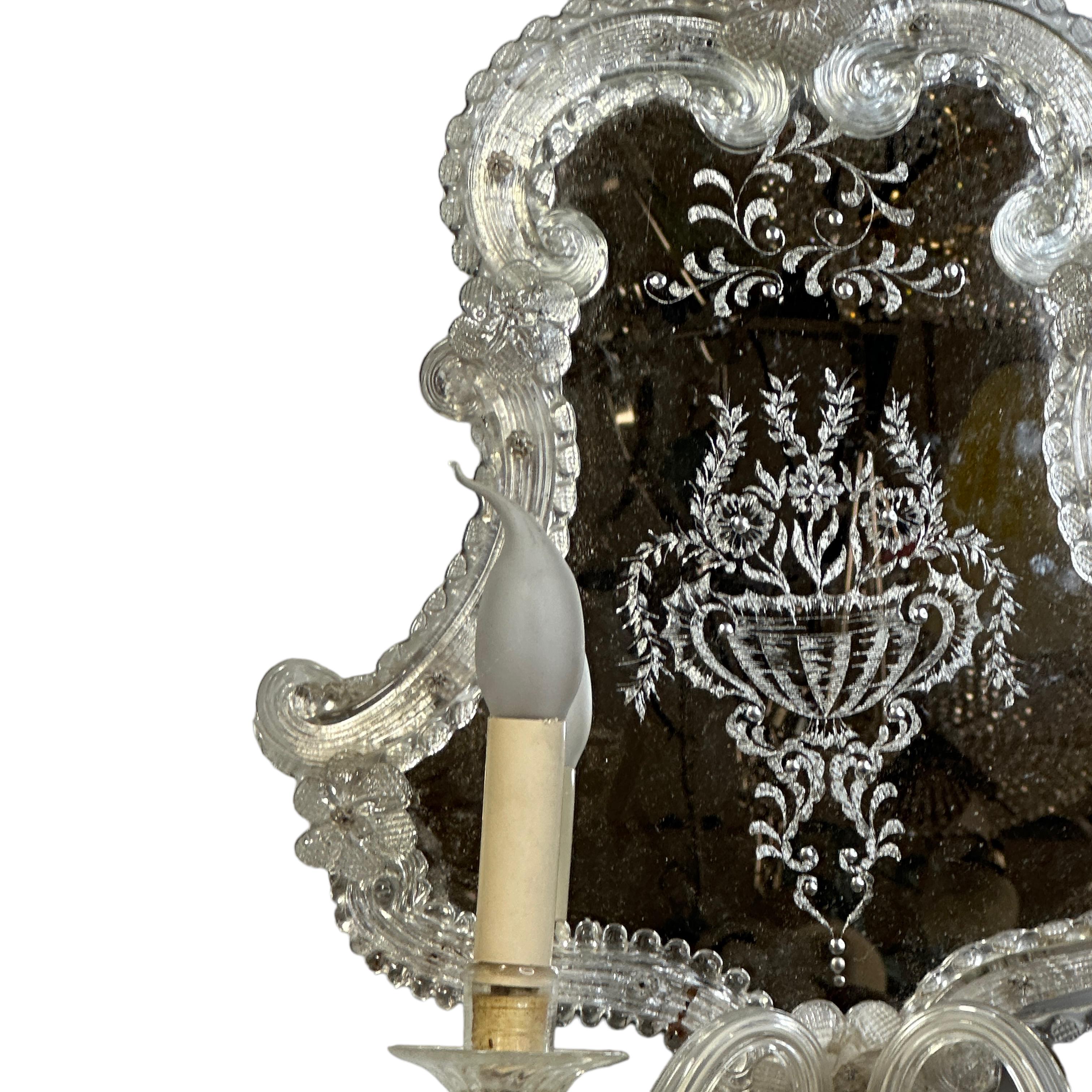 Hand-Crafted Venetian Etched Murano Glass Mirror Sconce, circa 1950s Italy Vintage For Sale