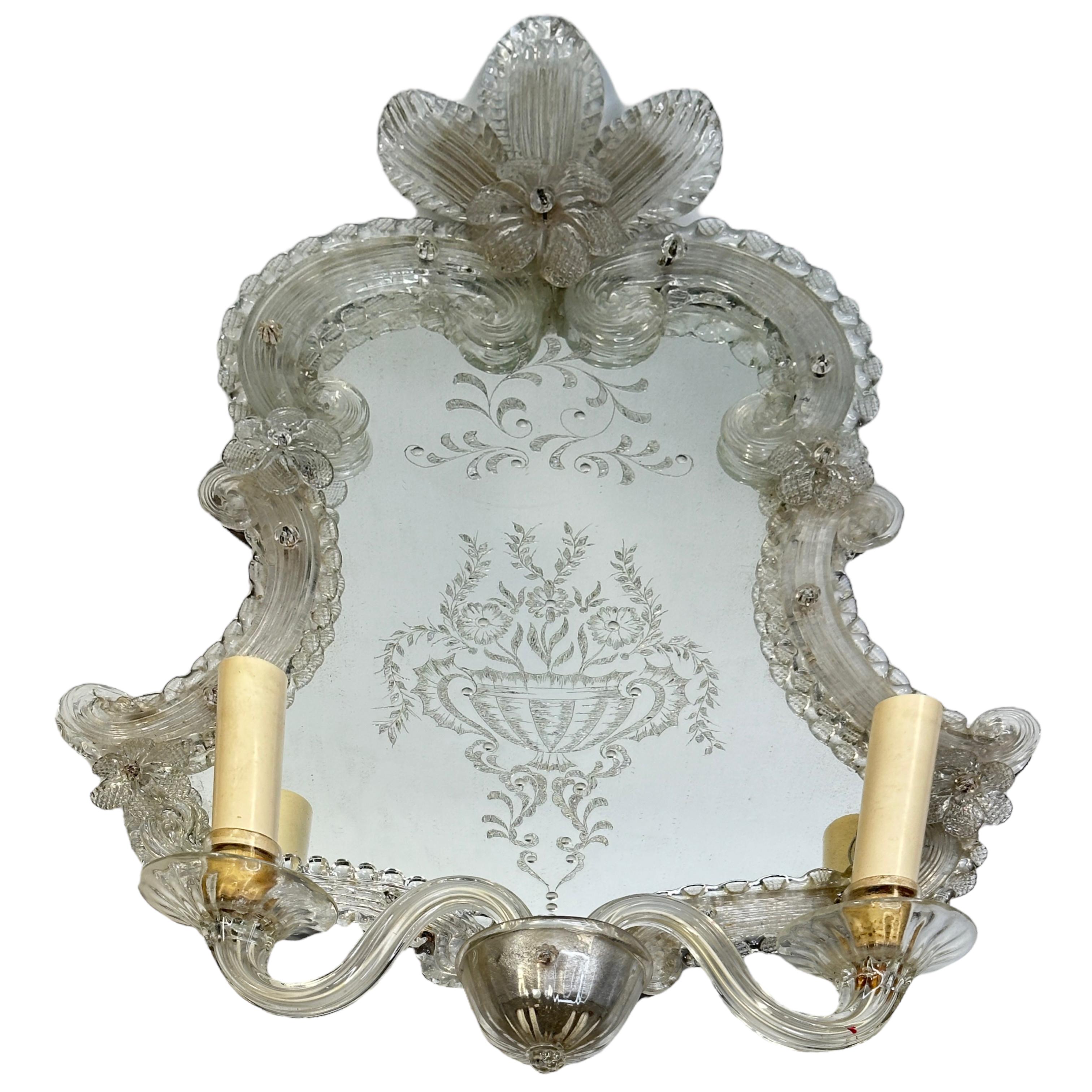 Mid-20th Century Venetian Etched Murano Glass Mirror Sconce, circa 1950s Italy Vintage For Sale