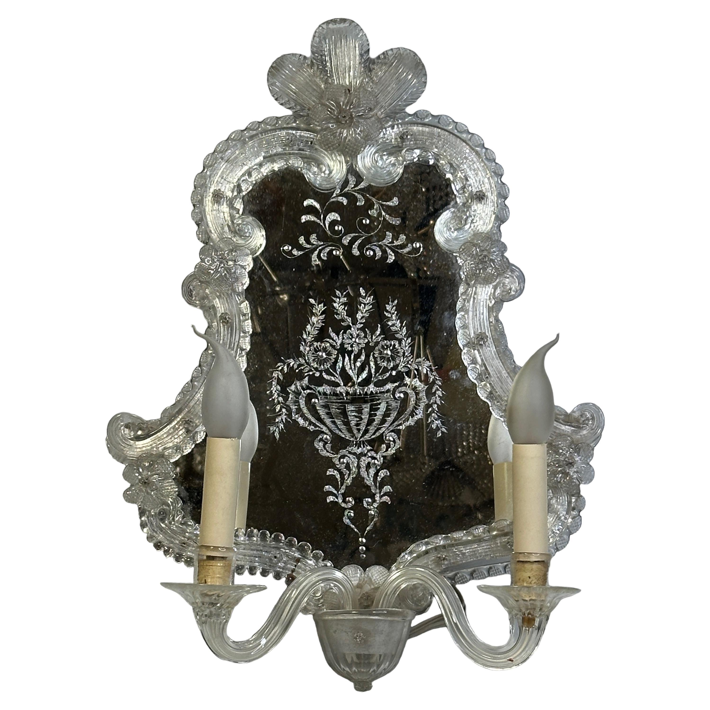 Venetian Etched Murano Glass Mirror Sconce, circa 1950s Italy Vintage For Sale