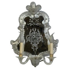 Venetian Etched Murano Glass Mirror Sconce, circa 1950s Italy Used