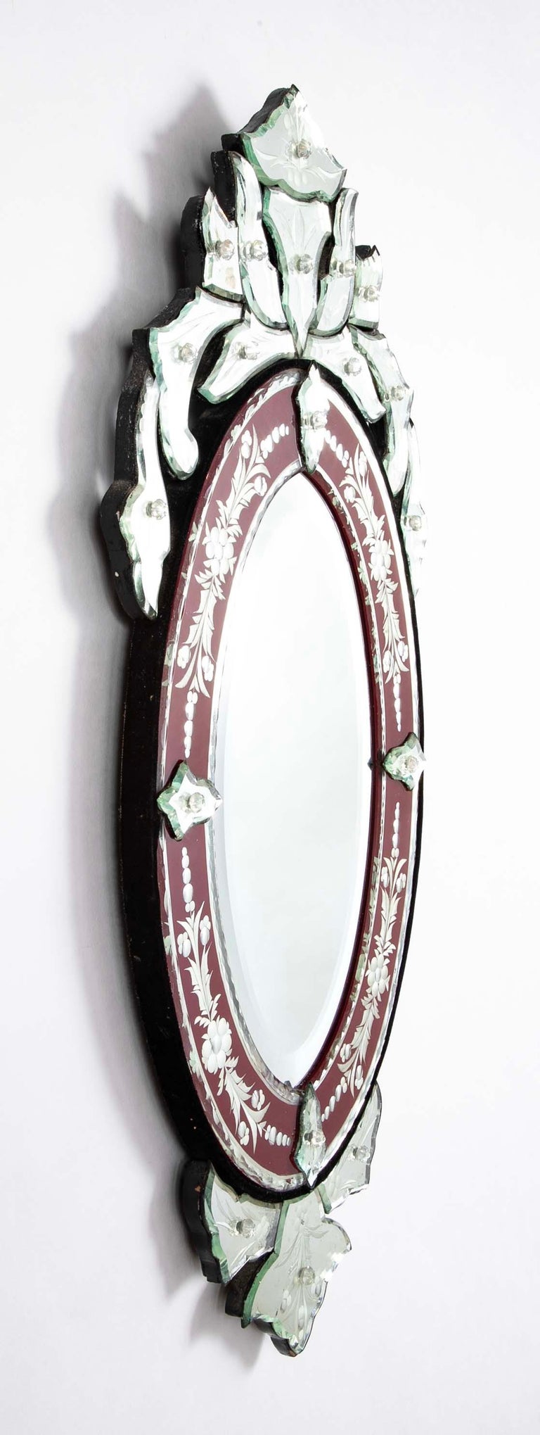 Venetian Etched Red and Silver Glass Rococo Oval Mirror Venetian Etched Red and Silver Glass Rococo Oval Mirror