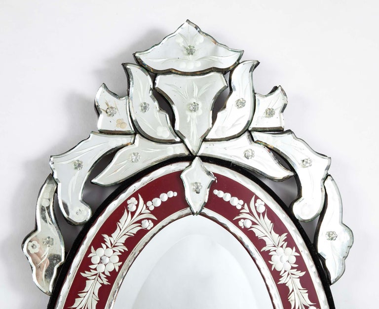 Venetian Etched Red and Silver Glass Rococo Oval Mirror Venetian Etched Red and Silver Glass Rococo Oval Mirror