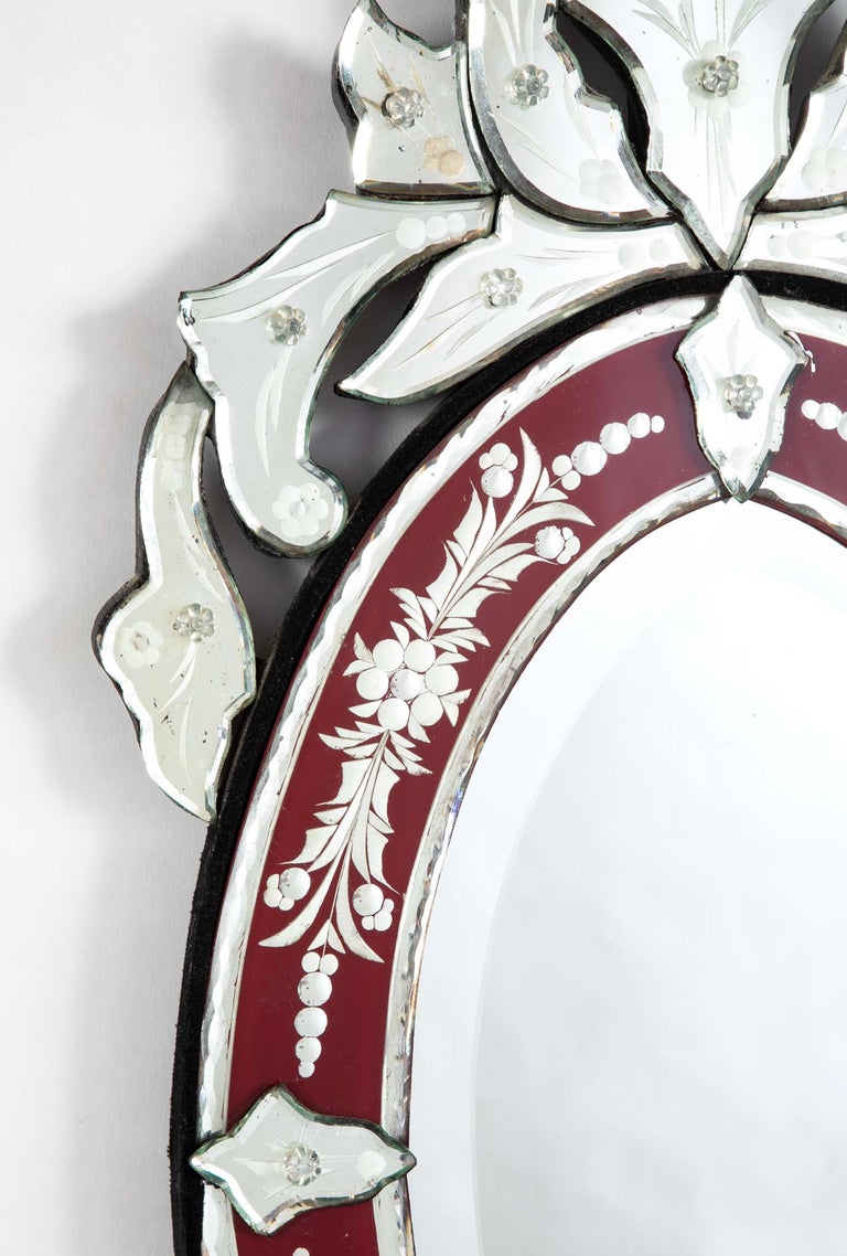 Venetian Etched Red and Silver Glass Rococo Oval Mirror Venetian Etched Red and Silver Glass Rococo Oval Mirror