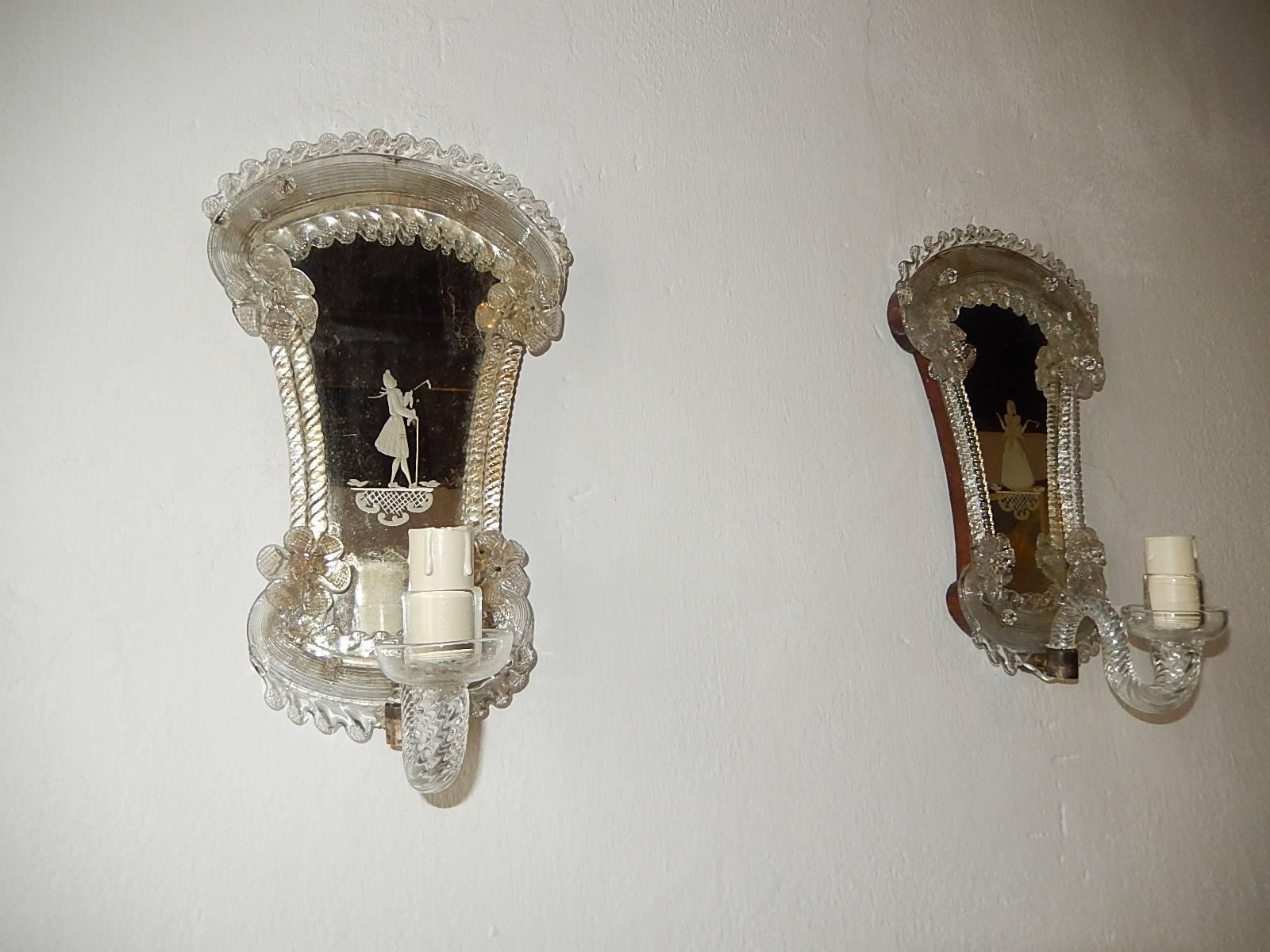 Venetian Etched Woman and Man Murano Glass Mirror Sconces, circa 1920 For Sale 5