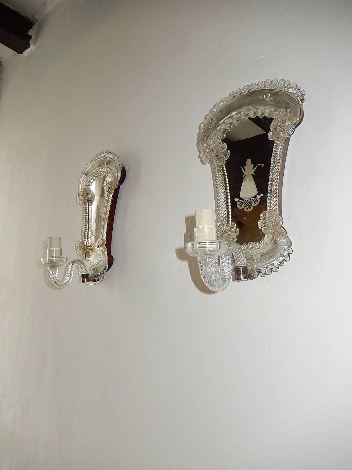 Housing one light each. Will be rewired with certified US UL sockets for the USA and appropriate sockets for all other countries and ready to hang!  Murano glass with etching of a woman and a man. Mirrors are in great shape. Free priority UPS