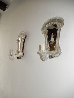Venetian Etched Woman and Man Murano Glass Mirror Sconces, circa 1920