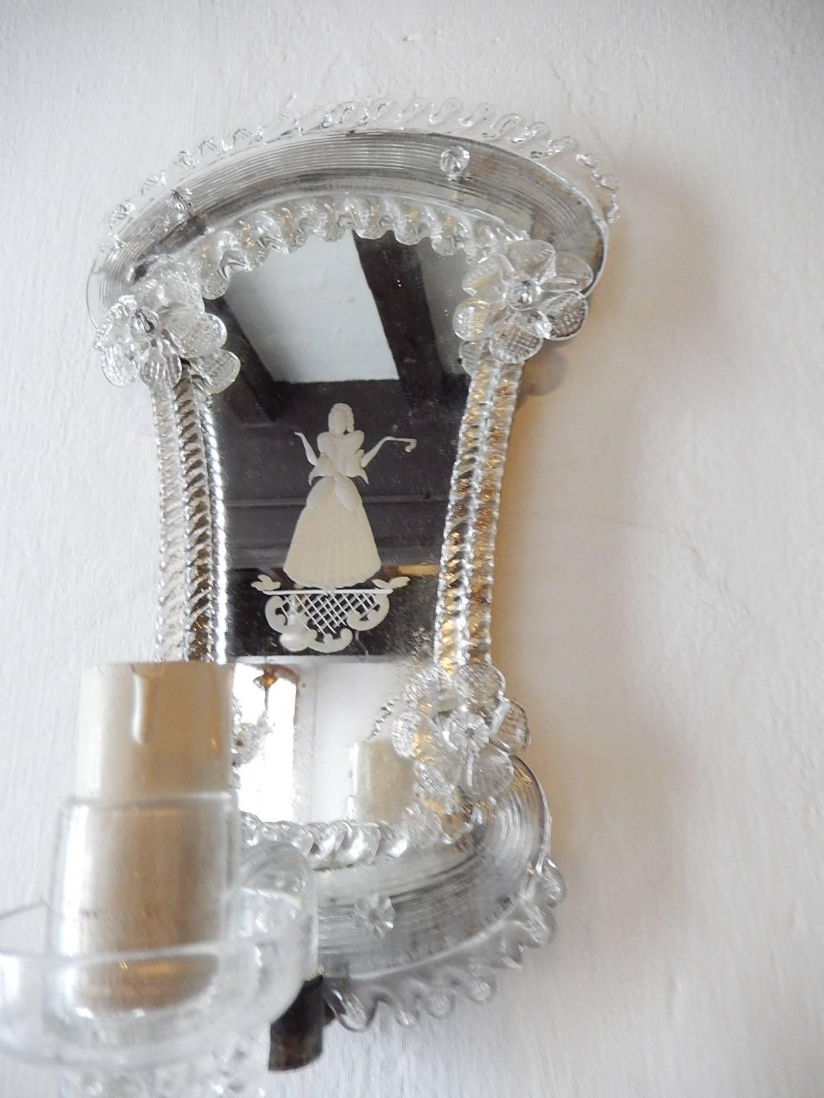 Early 20th Century Venetian Etched Woman and Man Murano Glass Mirror Sconces, circa 1920 For Sale