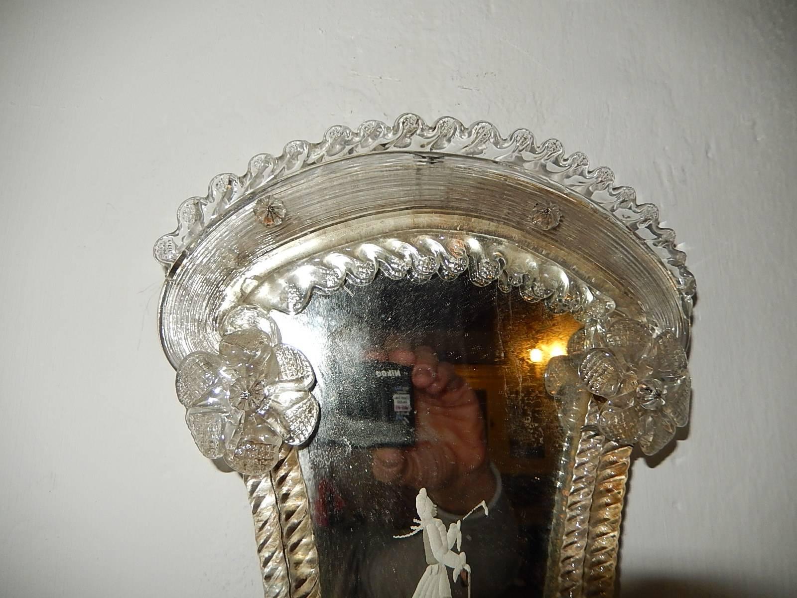 Venetian Etched Woman and Man Murano Glass Mirror Sconces, circa 1920 For Sale 2