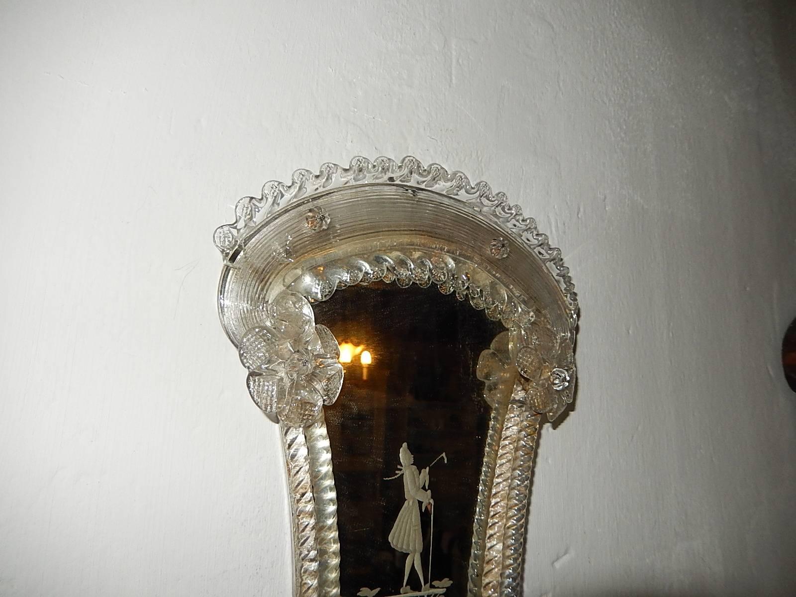 Venetian Etched Woman and Man Murano Glass Mirror Sconces, circa 1920 For Sale 3