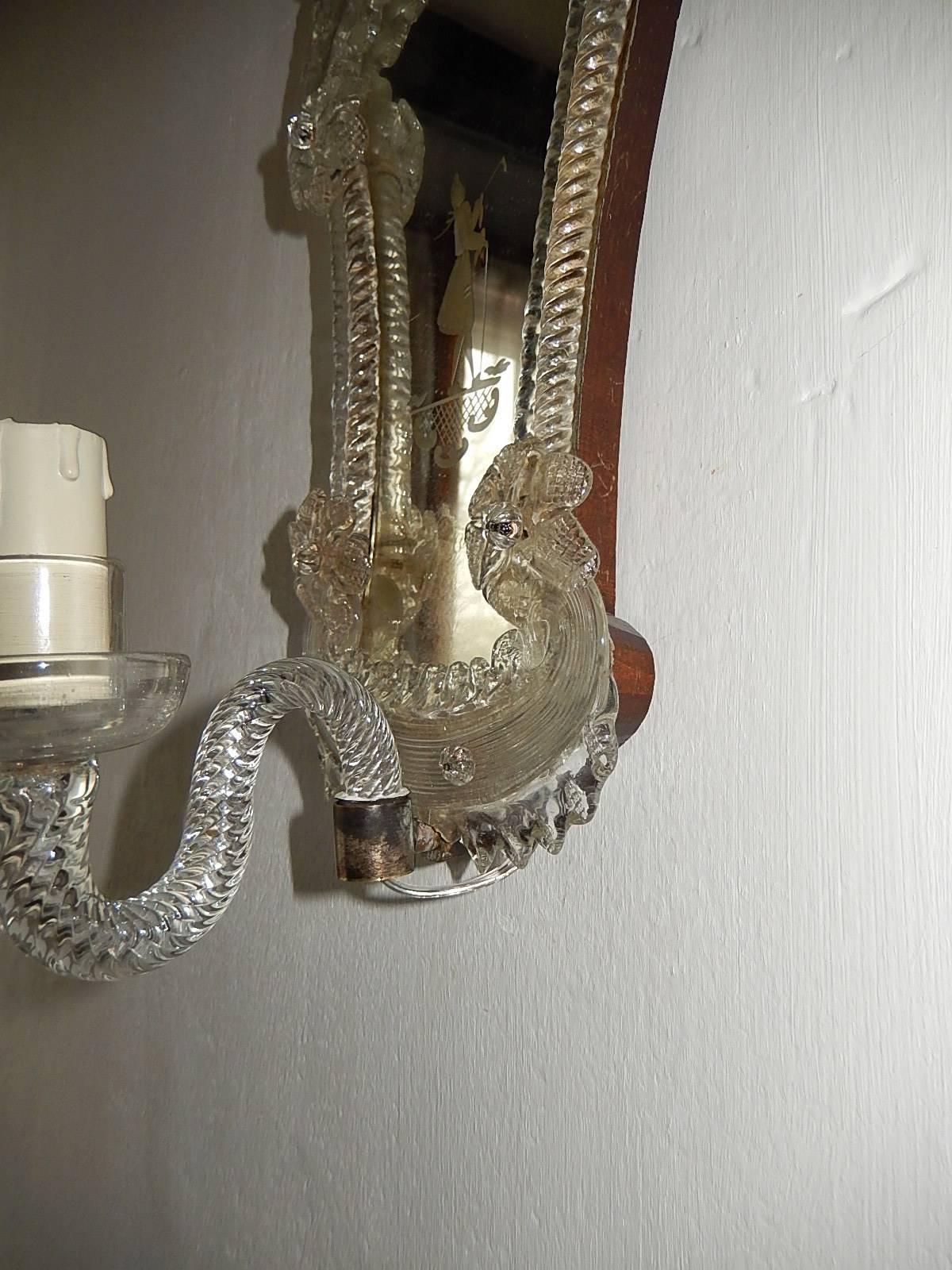 Venetian Etched Woman and Man Murano Glass Mirror Sconces, circa 1920 For Sale 4