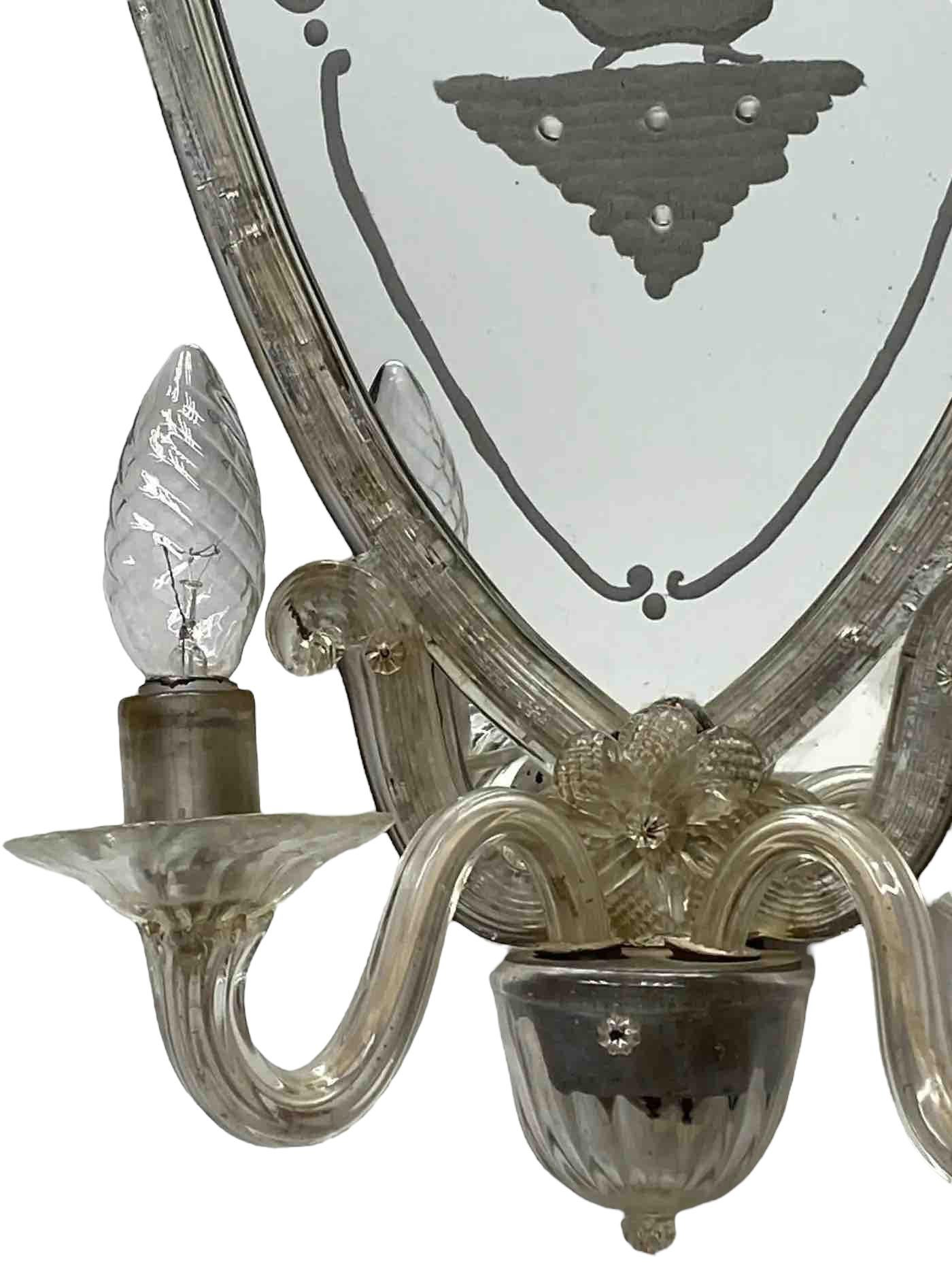Venetian Etched Woman and Troubadour Murano Glass Mirror Sconces, circa 1920 For Sale 3
