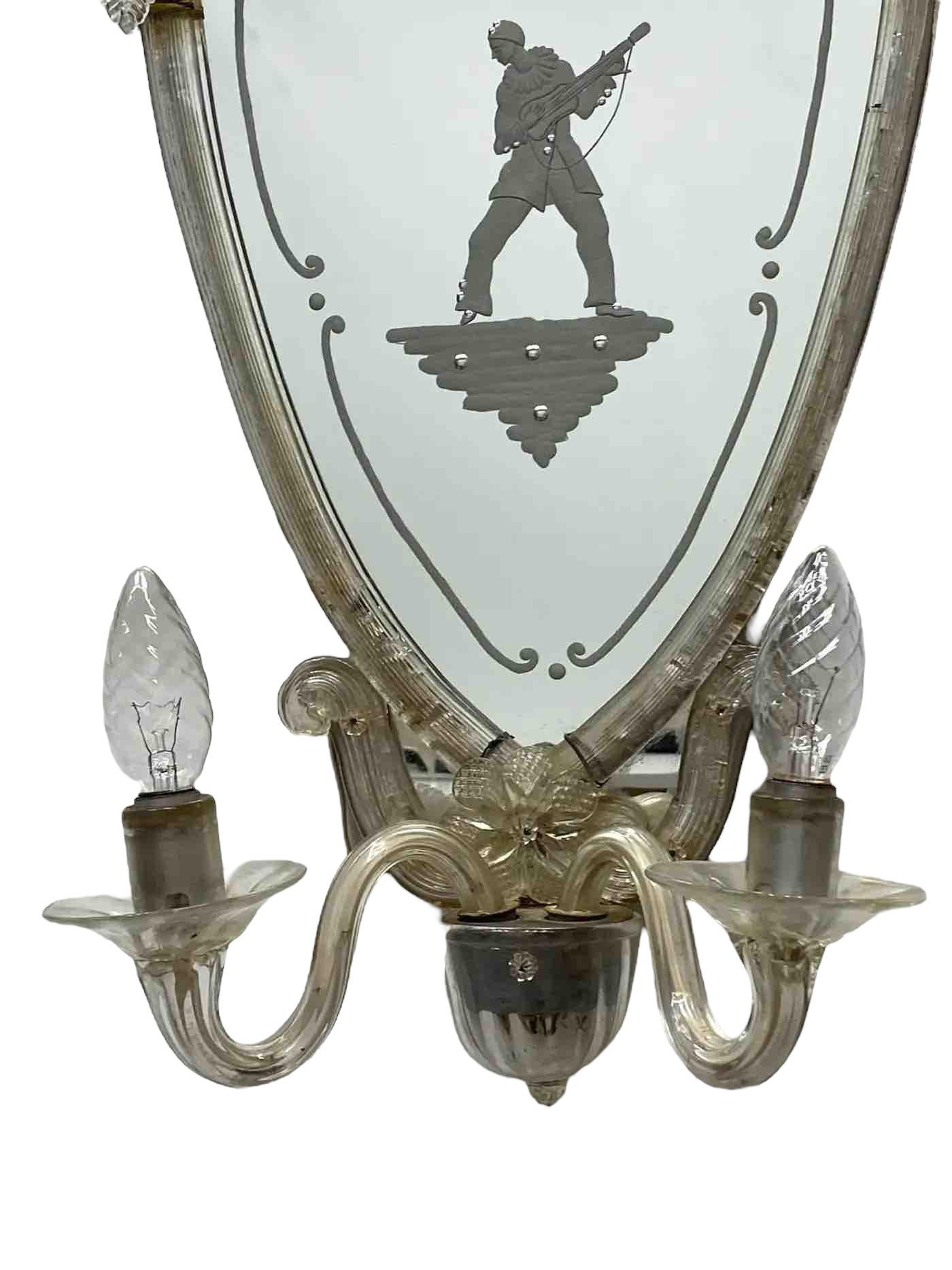 Venetian Etched Woman and Troubadour Murano Glass Mirror Sconces, circa 1920 For Sale 5